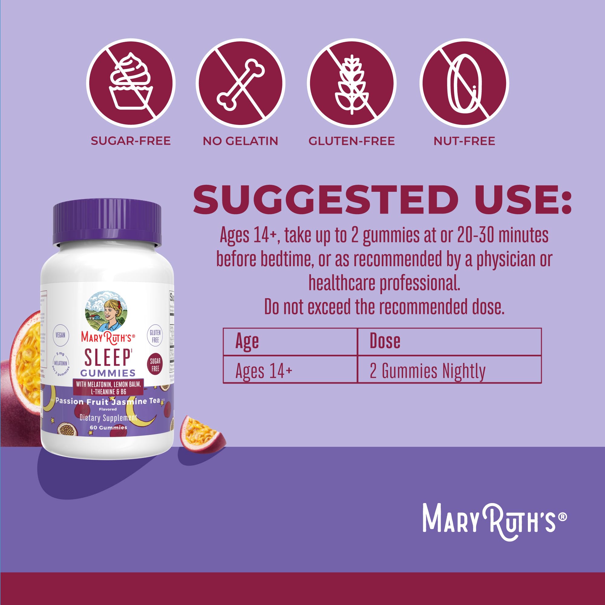 MaryRuth Organics Melatonin 5mg Sleep Gummy with L-Theanine | Lemon Balm | Vitamin B6 | Sugar-Free | Relaxation | Vegan | Non-GMO | Gluten Free | 60 Count MARYRUTH'SUS supplements