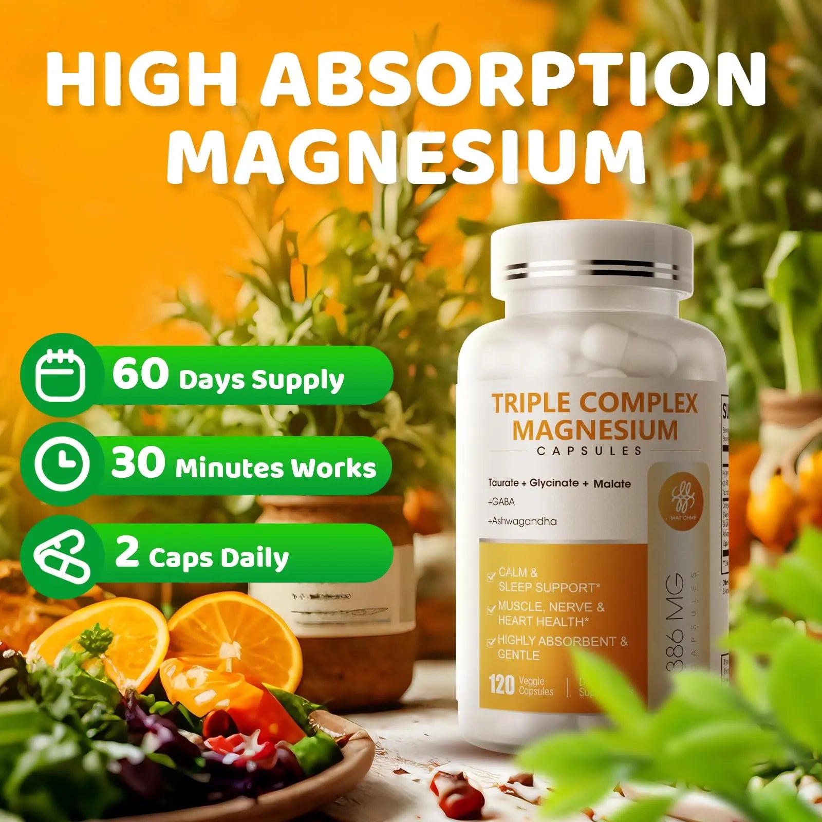Triple Magnesium Complex - Magnesium Glycinate, Taurate & Malate Supplement with Omega3, Ashwagandha, GABA for Sleep, Brain Heart & Muscle Support - High Absorption and Gentle, Vegan, 120 Capsules iMATCHMEnz supplements
