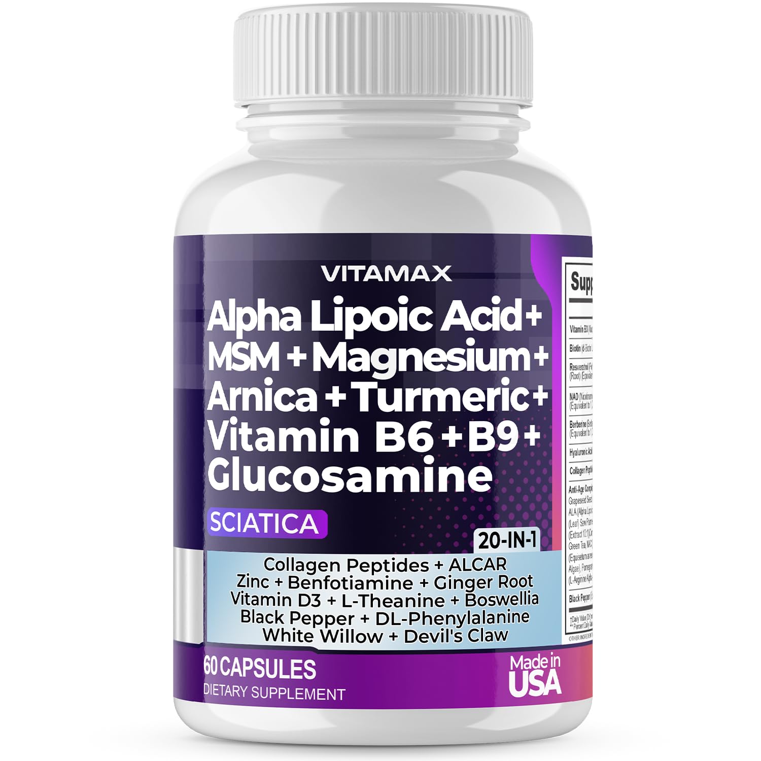 Sciatic Nerve Health Support - Sciatic Nerve Supplement Capsules with Folic Acid, Pea, Glucosamine, MSM, Vitamin B Complex, Alpha Lipoic Acid 300mg – 60ct – Made in USA VitamaxAu supplements