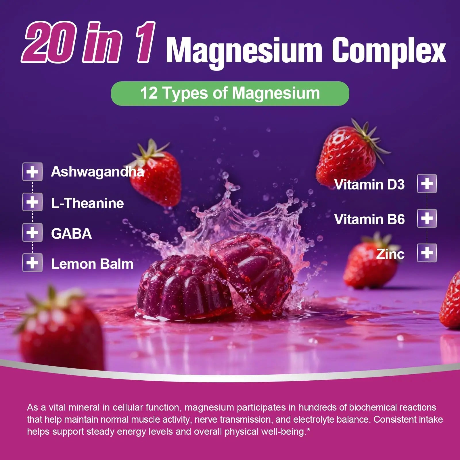 Migcopat Magnesium Complex Gummies, 20 in 1 Magnesium Gummy with Glycinate Citrate Malate Taurate - Ashwagandha, L-Theanine, D3&Zinc for Relaxation, Sleep, Muscle&Heart Support, Strawberry, 60 Cts Migcopatnz supplements