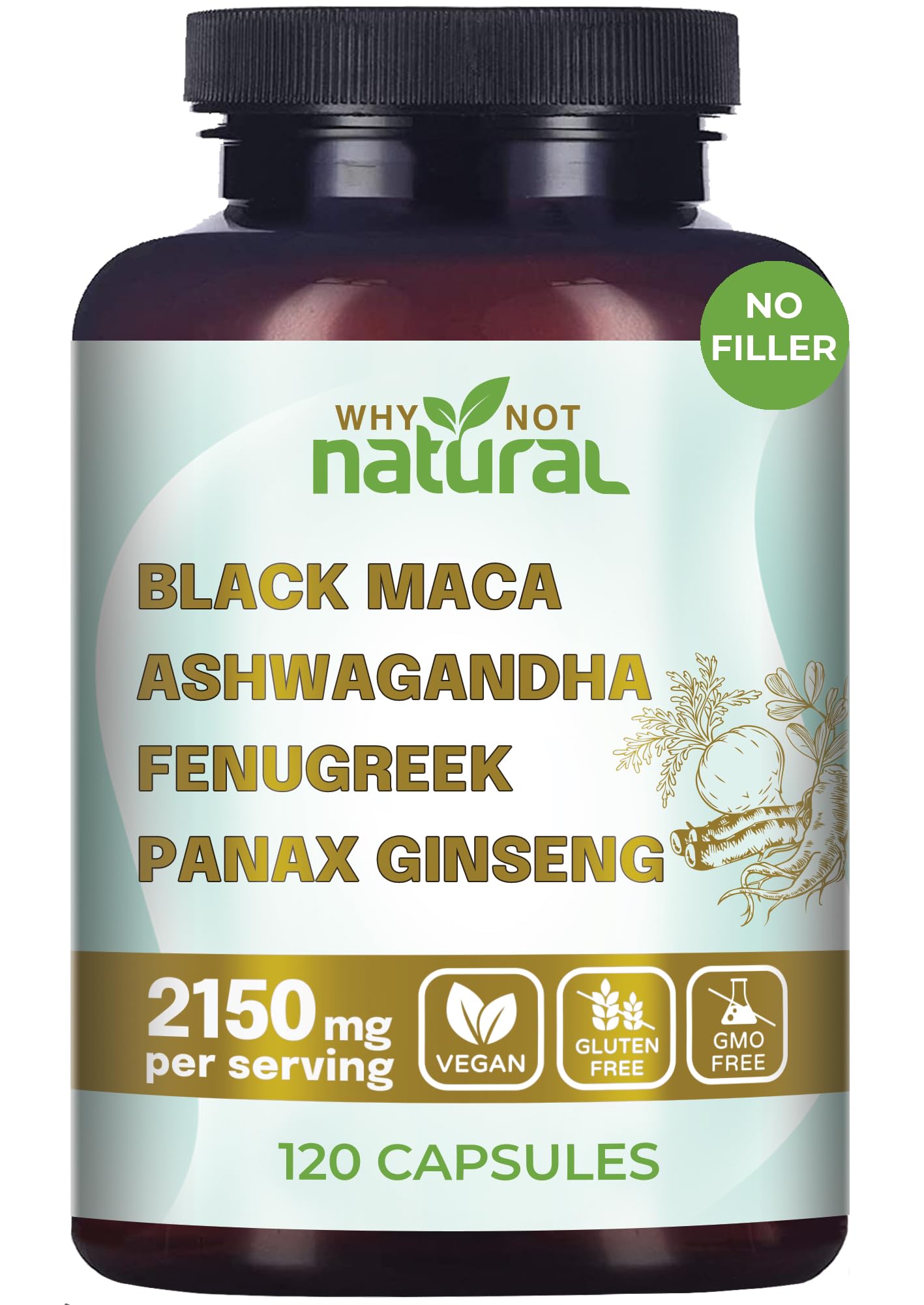 Why Not Natural 4-in-1 Organic Black Maca Root, Ashwagandha, Fenugreek, Panax Ginseng Capsules, Supplement for Men and Women (120 Count (Pack of 1) Why Not NaturalUS supplements