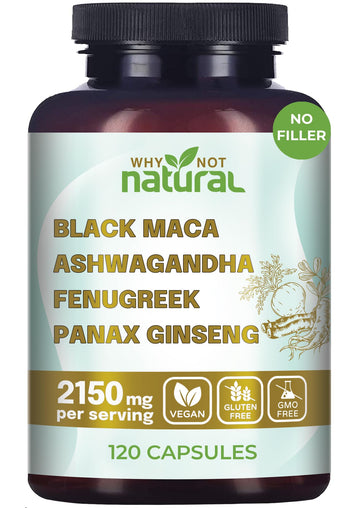 Why Not Natural 4-in-1 Organic Black Maca Root, Ashwagandha, Fenugreek, Panax Ginseng Capsules, Supplement for Men and Women (120 Count (Pack of 1) Why Not NaturalUS supplements