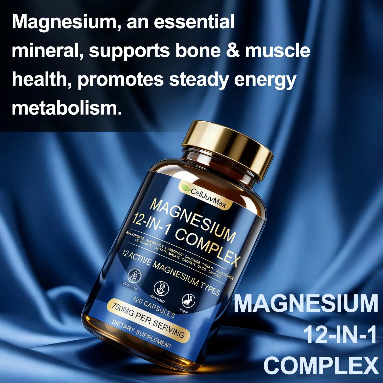 Magnesium 12-in-1 Complex 700mg, with Glycinate & Citrate, Vegan Supplement for Daily Wellness, 120 Capsules (1) WOJJnz supplements