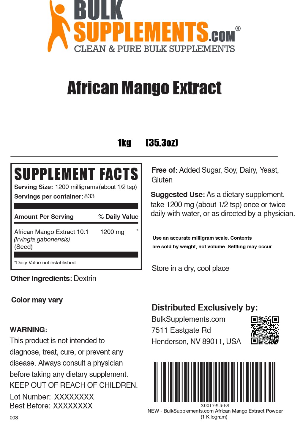BulkSupplements.com African Mango Extract Powder - Irvingia Gabonensis, African Mango Powder - Gluten Free, 1.2g per Serving, 1kg (2.2 lbs) (Pack of 1) BulkSupplementsAu supplements