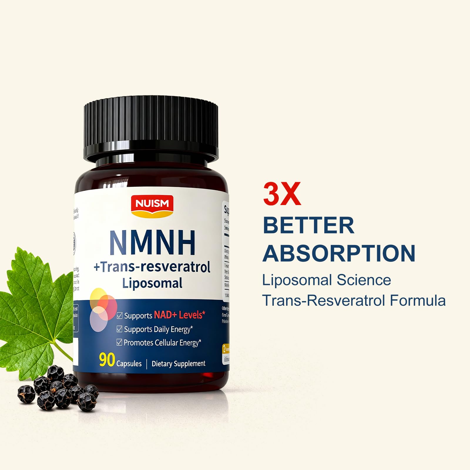 NUISM NMNH NAD+ Supplement, Liposomal 600mg NMN NAD+ and Resveratrol Complex for Cellular Energy, Healthy Aging & Metabolic Support, 90 Capsules NUISMAu supplements