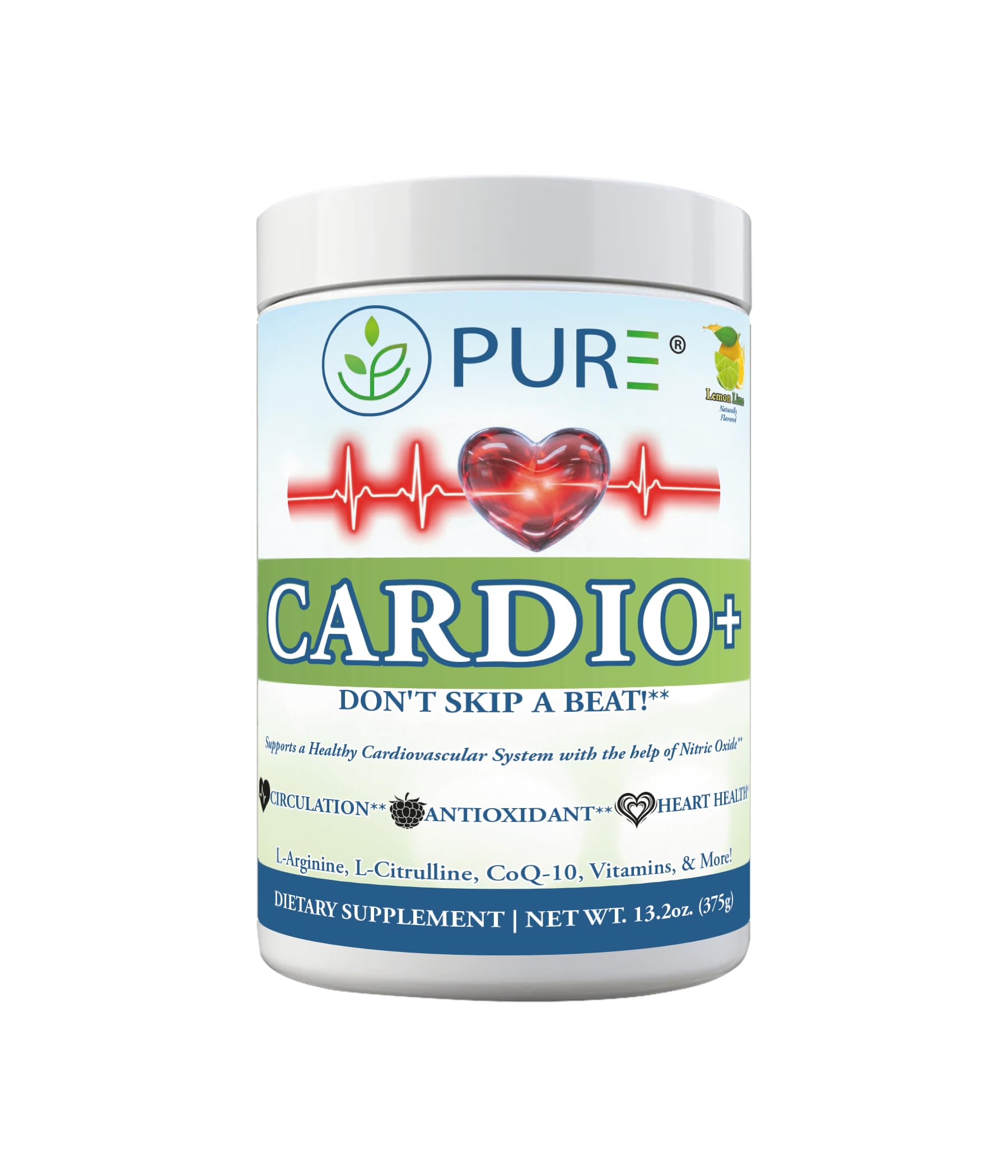 PURE® Cardio+ Nitric Oxide Heart & Circulation Support - 5000mg L-Arginine & 1000mg L-Citrulline - Lemon Lime, 30 Servings Powder, 375 Grams - CoQ10 Beet Root - High Potency Cardiovascular Formula PUREAu supplements