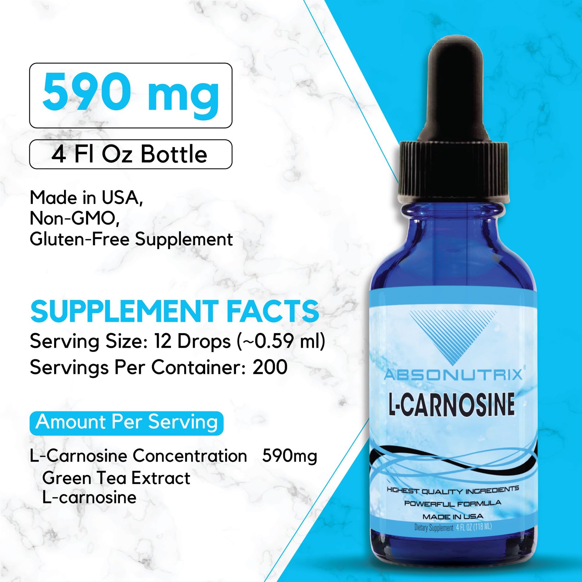 Absonutrix L-Carnosine - 583 mg 4 Oz Bottle, 200 Highly Potent Servings, Easy-to-Consume Drops, High Bioavailability, Third-Party Tested, GMP-Certified, Non-GMO, Cruelty-Free Products, Made in USA AbsonutrixAu supplements