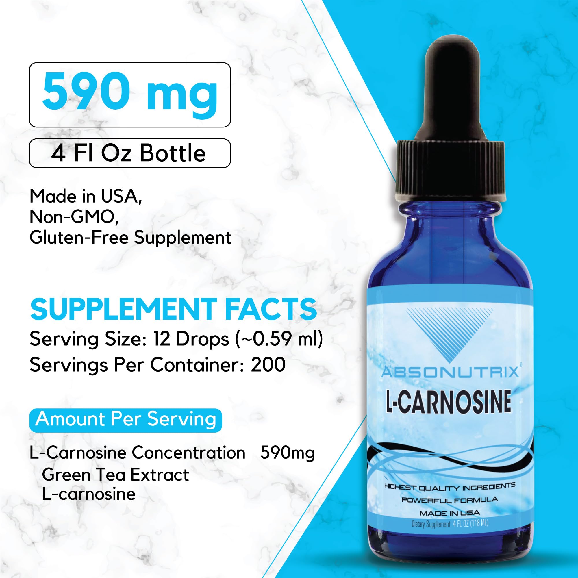 Absonutrix L-Carnosine - 583 mg 4 Oz Bottle, 200 Highly Potent Servings, Easy-to-Consume Drops, High Bioavailability, Third-Party Tested, GMP-Certified, Non-GMO, Cruelty-Free Products, Made in USA AbsonutrixAu supplements