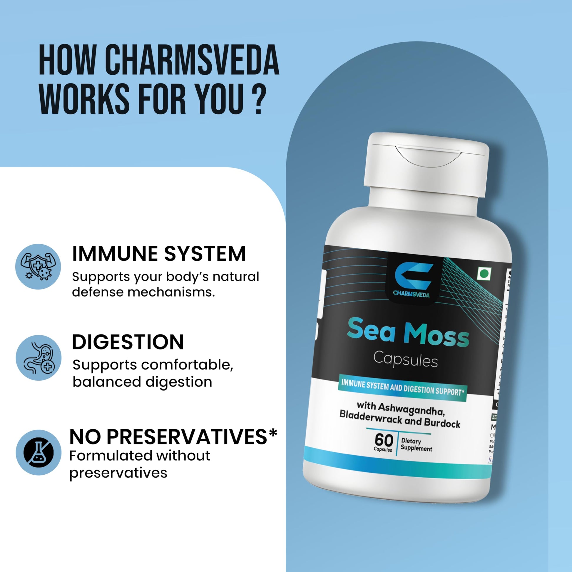 CHARMSVEDA Sea Moss Capsules with Ashwagandha, Bladderwrack & Burdock – Overall Wellness & Immune Support, Support Digestive & Gut Health* – 60 Vegan Capsules CHARMSVEDAAu supplements