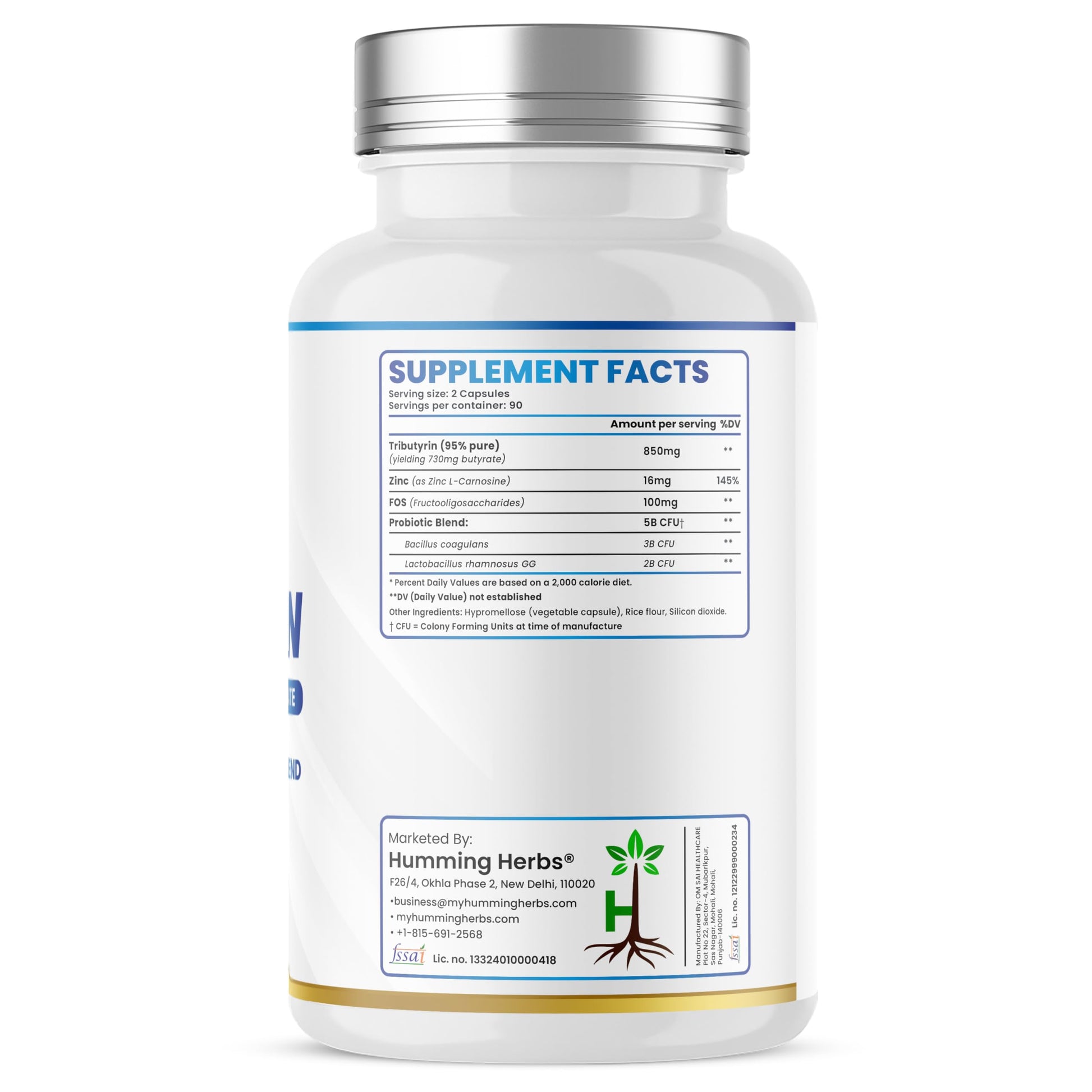 Humming Herbs Tributyrin Complex — 850 mg per Serving (95% Pure, yielding 731 mg Butyrate) with L-Glutamine, Zinc L-Carnosine, FOS & Probiotic Blend (180) Humming HerbsAu supplements