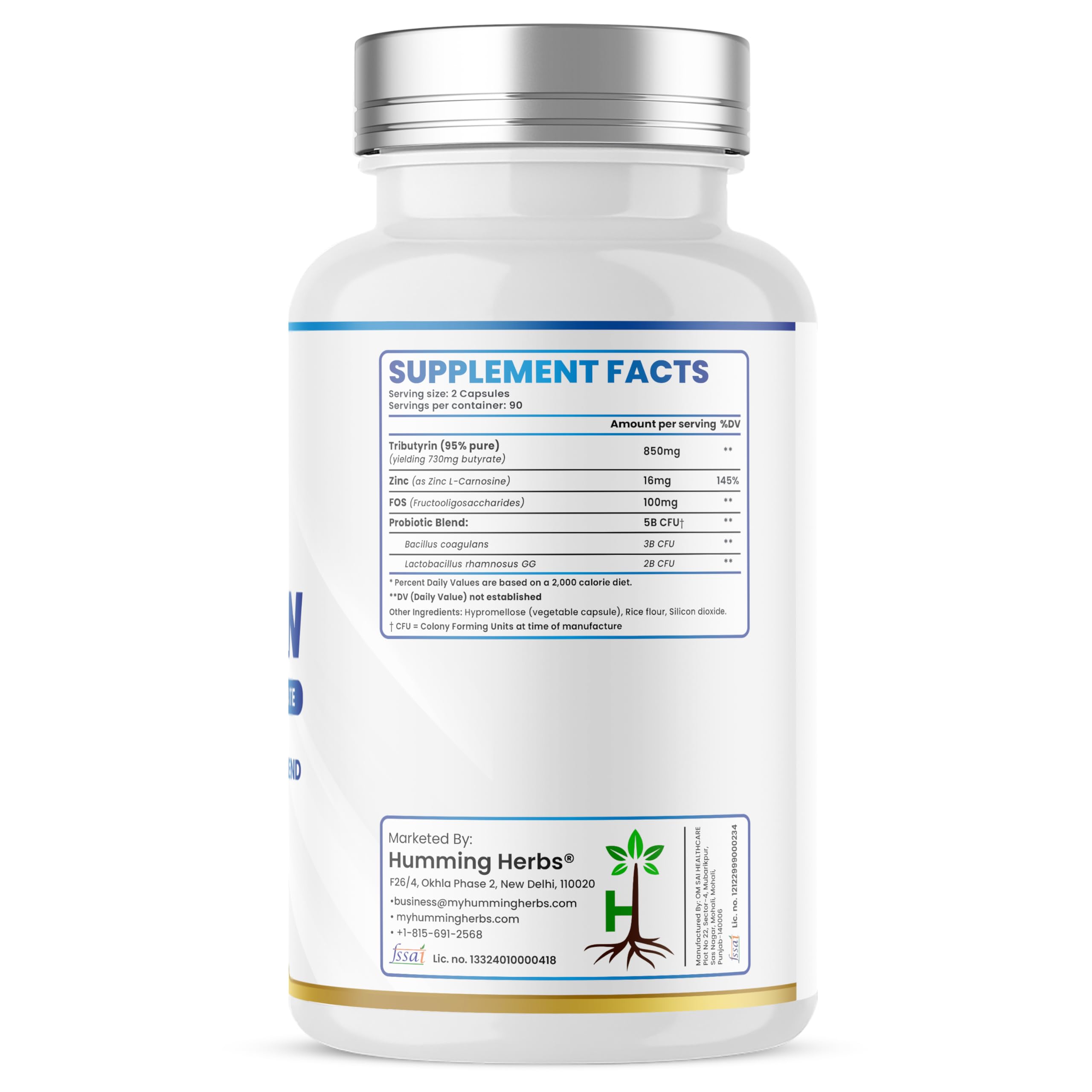 Humming Herbs Tributyrin Complex — 850 mg per Serving (95% Pure, yielding 731 mg Butyrate) with L-Glutamine, Zinc L-Carnosine, FOS & Probiotic Blend (180) Humming HerbsAu supplements