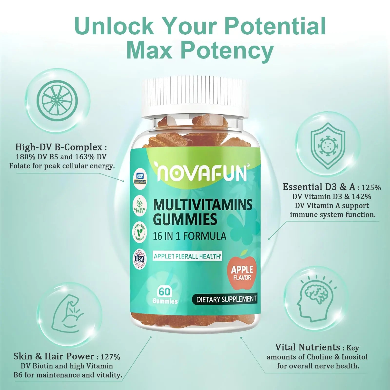 Novafun Multivitamin Gummies,16-in-1 Multi Vitamin Supplements for Women, Men & Kids, Essential Vitamins & Minerals NovafunAu supplements