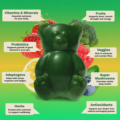 Gruns Adults Super Greens Gummies, Multivitamin Superfood Gummy Bears, Spirulina, Chlorella, Prebiotics & Fiber Gummies for Digestive Health GrünsUS supplements