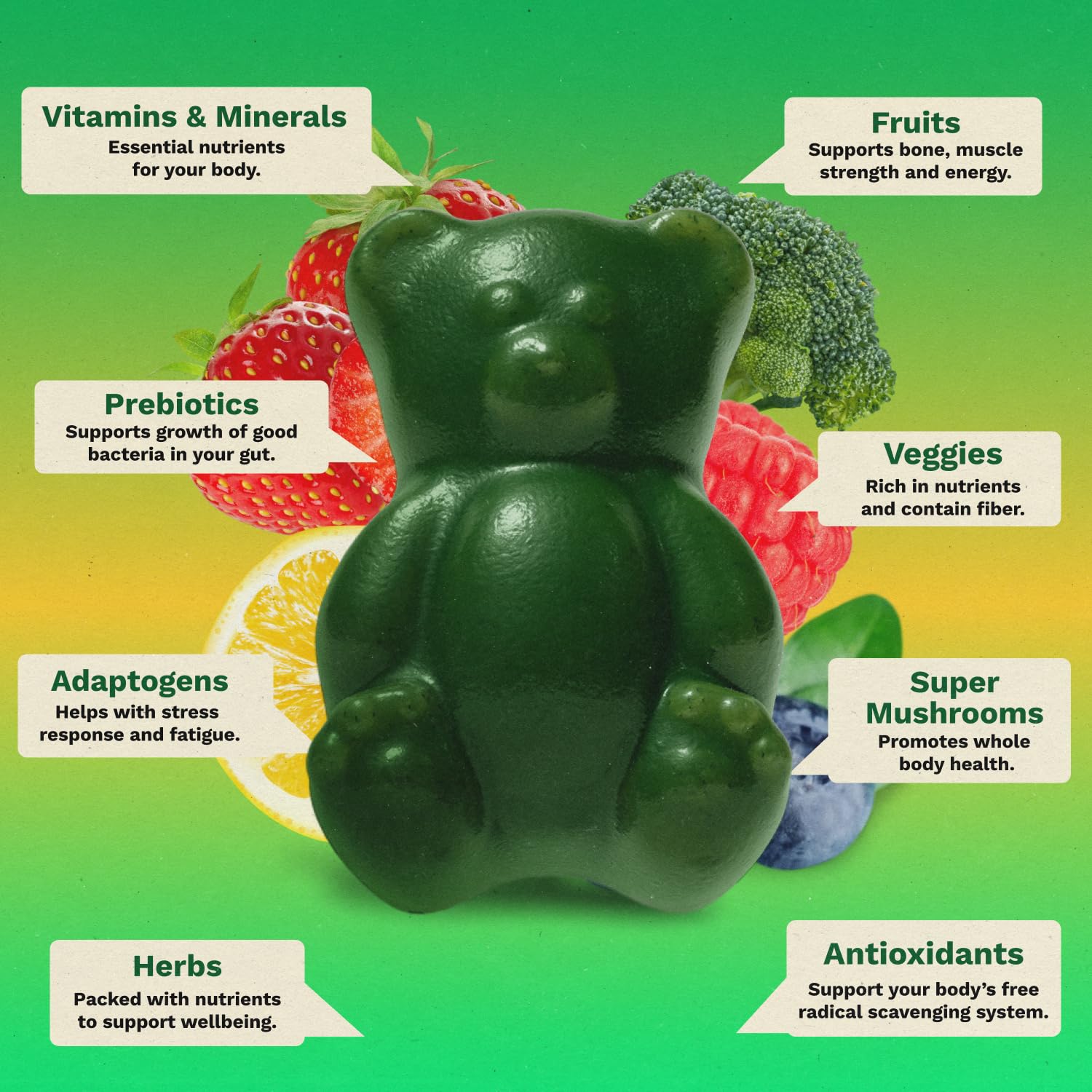 Gruns Adults Super Greens Gummies, Multivitamin Superfood Gummy Bears, Spirulina, Chlorella, Prebiotics & Fiber Gummies for Digestive Health, Adaptogens Supplement, 20 Vitamins & Minerals, 10 Count GrünsAu supplements