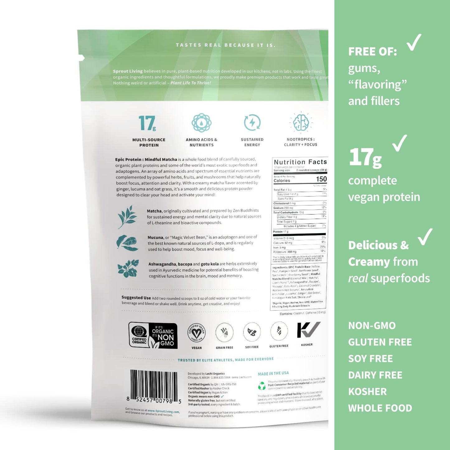 Sprout Living Epic Protein, Plant Based Protein & Superfoods Powder, Mindful Matcha Sprout LivingUS supplements