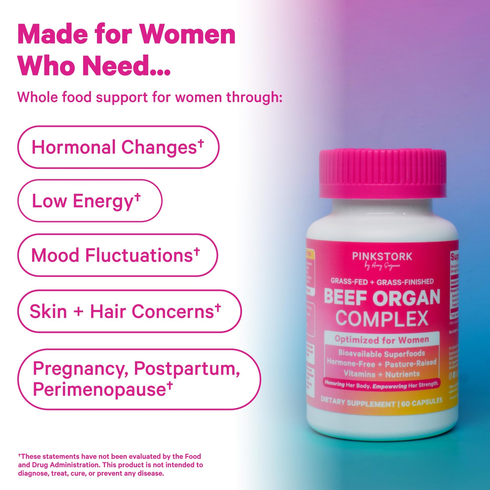 Pink Stork Beef Organ Supplement for Women | Grass-Fed Beef Liver Capsules with Iron, B12, CoQ10, Vitamin A | Primal Multivitamin for Female Hormone + Energy Support | 60 Capsules Pink StorkAu supplements