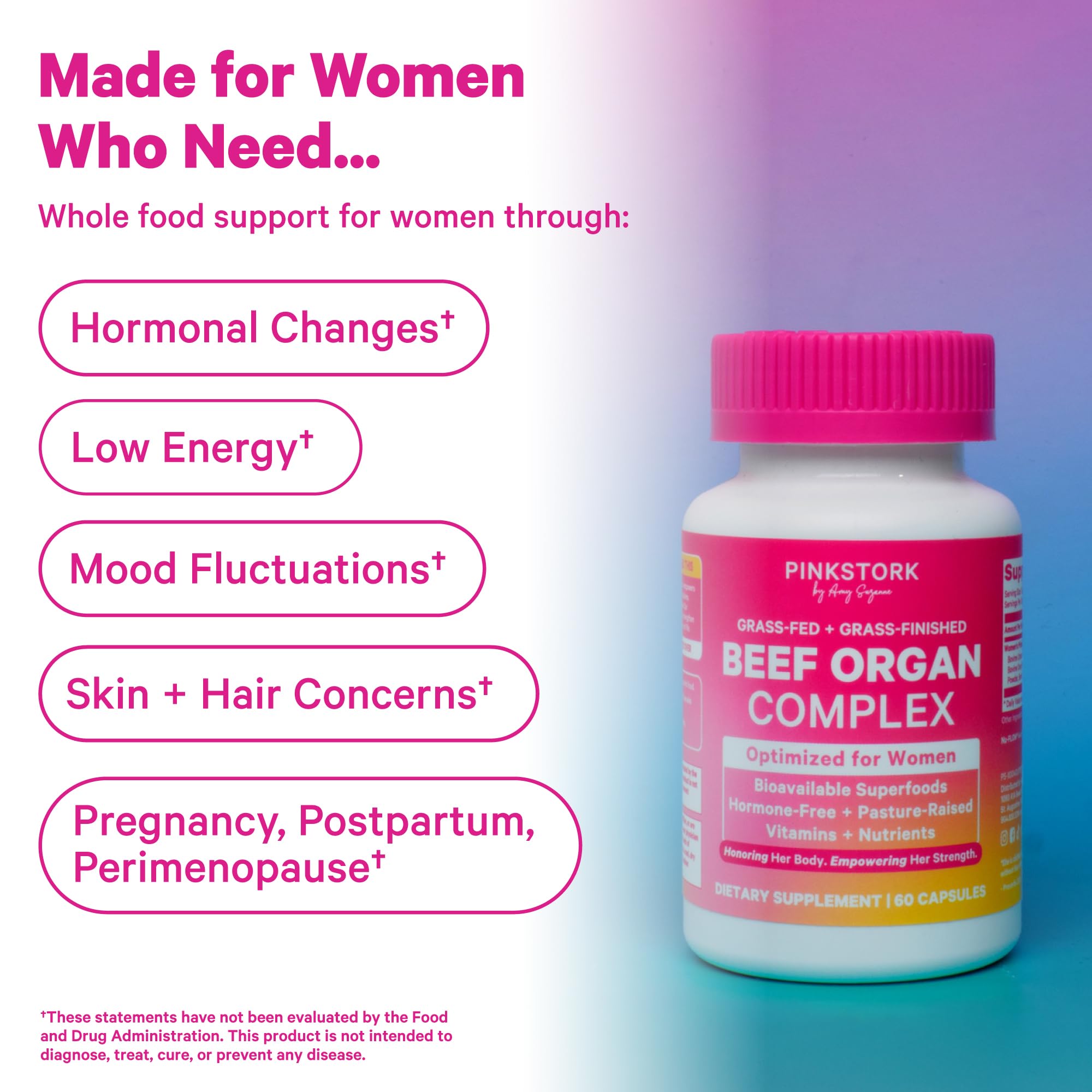 Pink Stork Beef Organ Supplement for Women | Grass-Fed Beef Liver Capsules with Iron, B12, CoQ10, Vitamin A | Primal Multivitamin for Female Hormone + Energy Support | 60 Capsules Pink StorkAu supplements