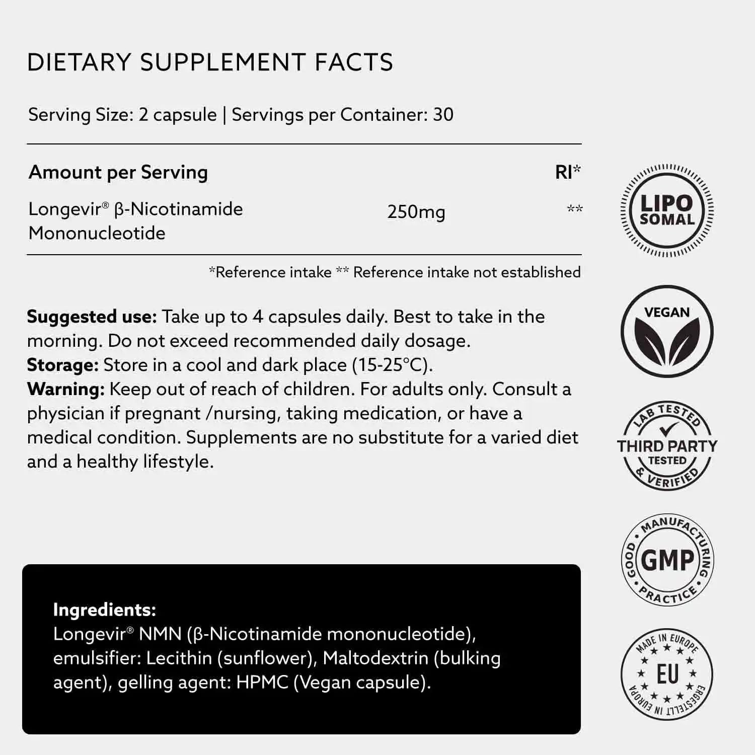 PUROVITALIS Liposomal NMN, 250mg Longevir Nicotinamide Mononucleotide Supplement, NAD+ Boost for Cellular Health, Energy & Healthy Aging, 1-Month Supply (60 Vegan Capsules) PUROVITALISAu supplements