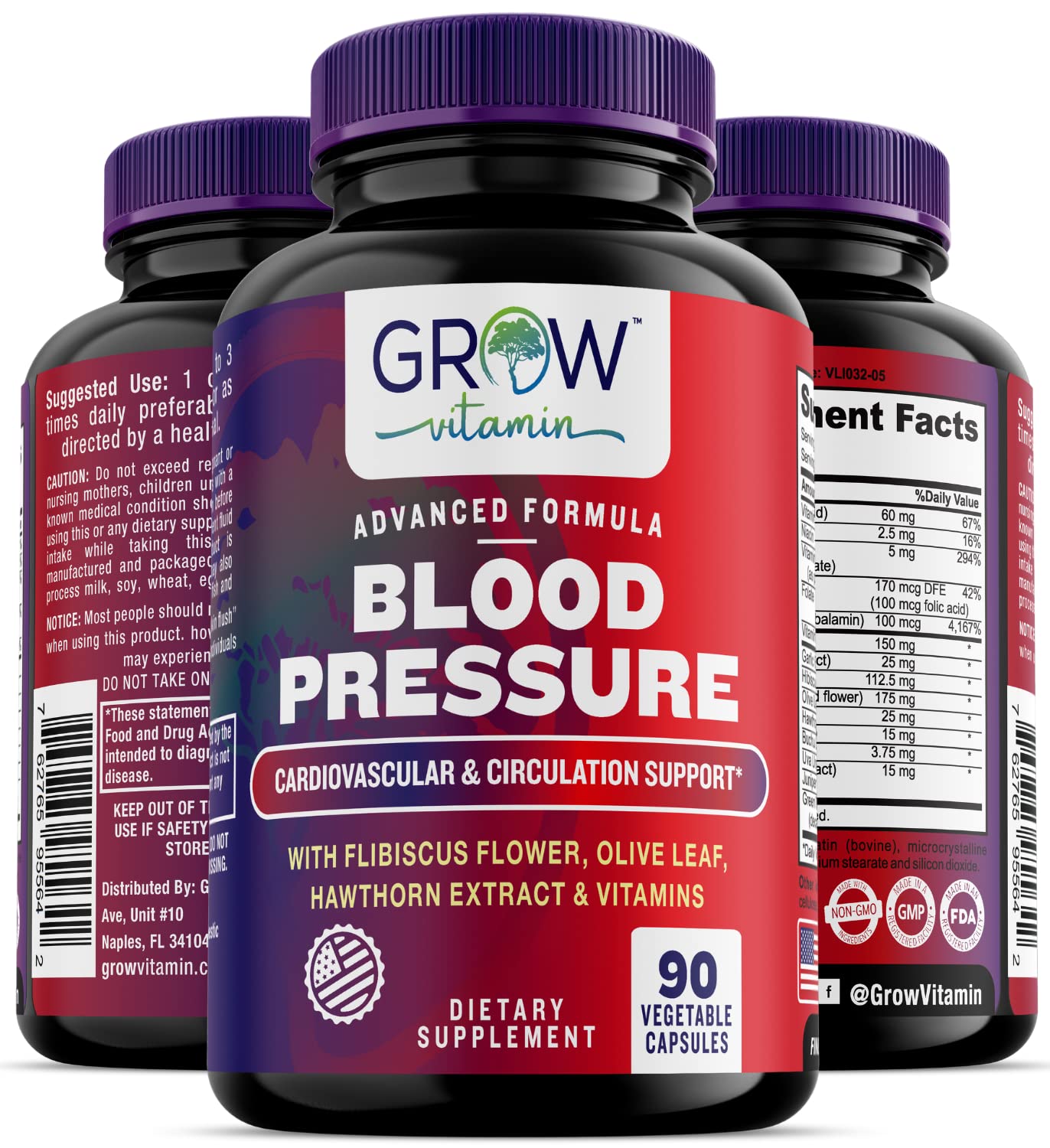 grow vitamin Blood Pressure Formula - Herbal Blend, Non-GMO, Gluten-Free - 90 Capsules grow vitaminUS supplements