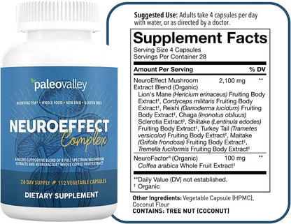 Paleovalley NeuroEffect - Neuro Mushroom Coffee Nutritional Supplement for Focus, Memory, and Energy Support - 28-Day Supply - 8 Full Spectrum Mushroom and Whole Coffee Fruit Extracts PaleovalleyUS supplements