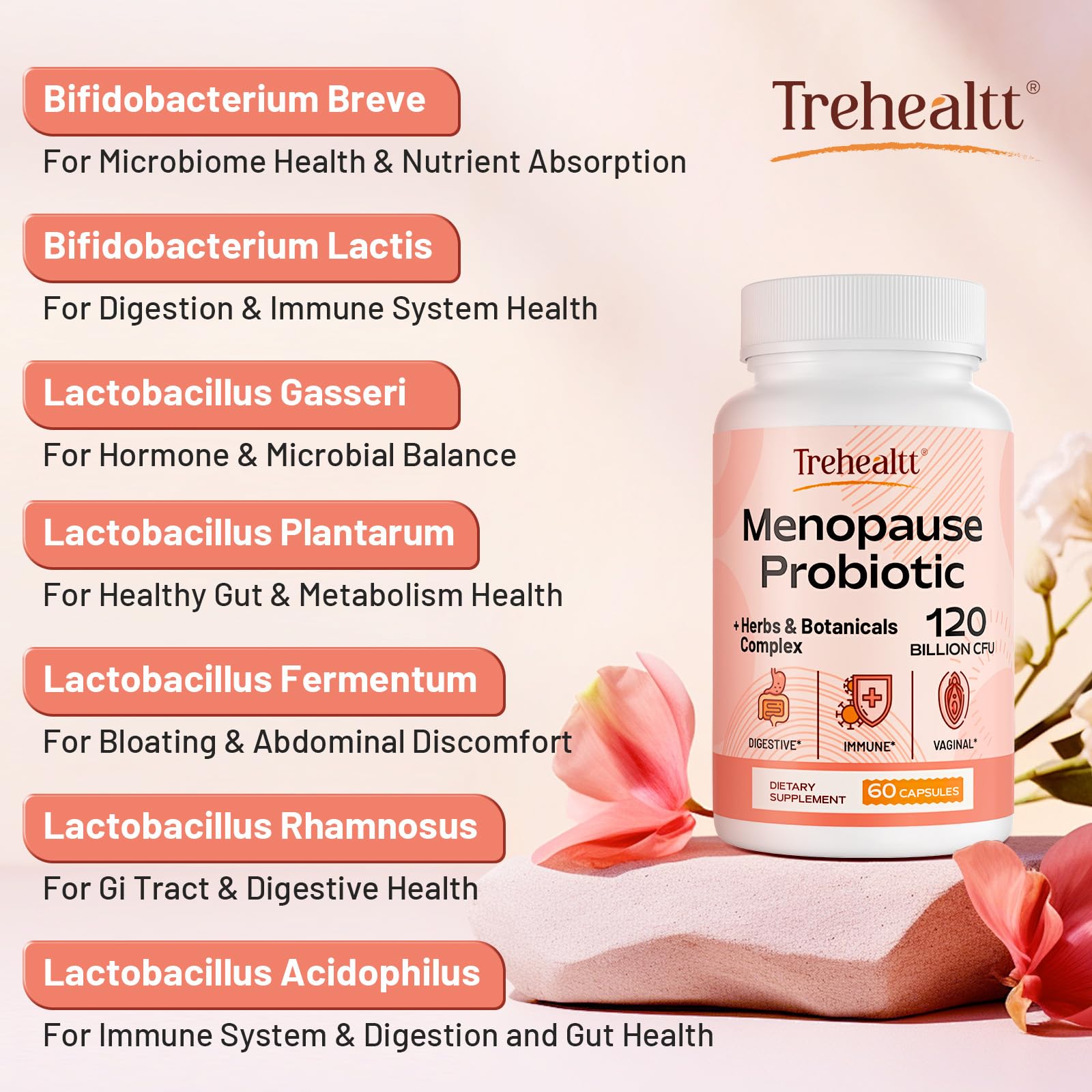 Menopause supplements for women, 120 Billion CFU Probiotic, 13-in-1 Herbs & Botanicals Complex, for Hormone Menopause, Hot Flashes, Night Sweats, Mood Swings, Sleep Disturbances, Vegan, 60 Capsules TrehealttAu supplements