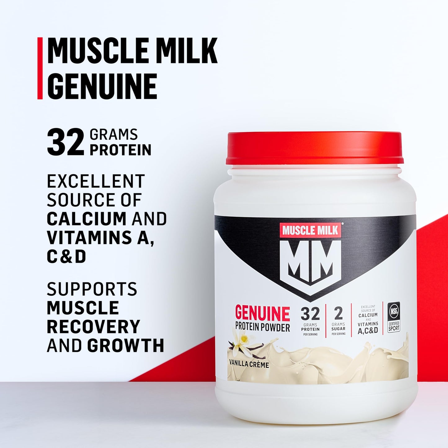 Muscle Milk Genuine Protein Powder, Vanilla Crème, 1.93 Pounds, 12 Servings, 32g Protein, 2g Sugar, Calcium, Vitamins A, C & D, NSF Certified for Sport, Energizing Snack, Packaging May Vary Muscle MilkUS supplements
