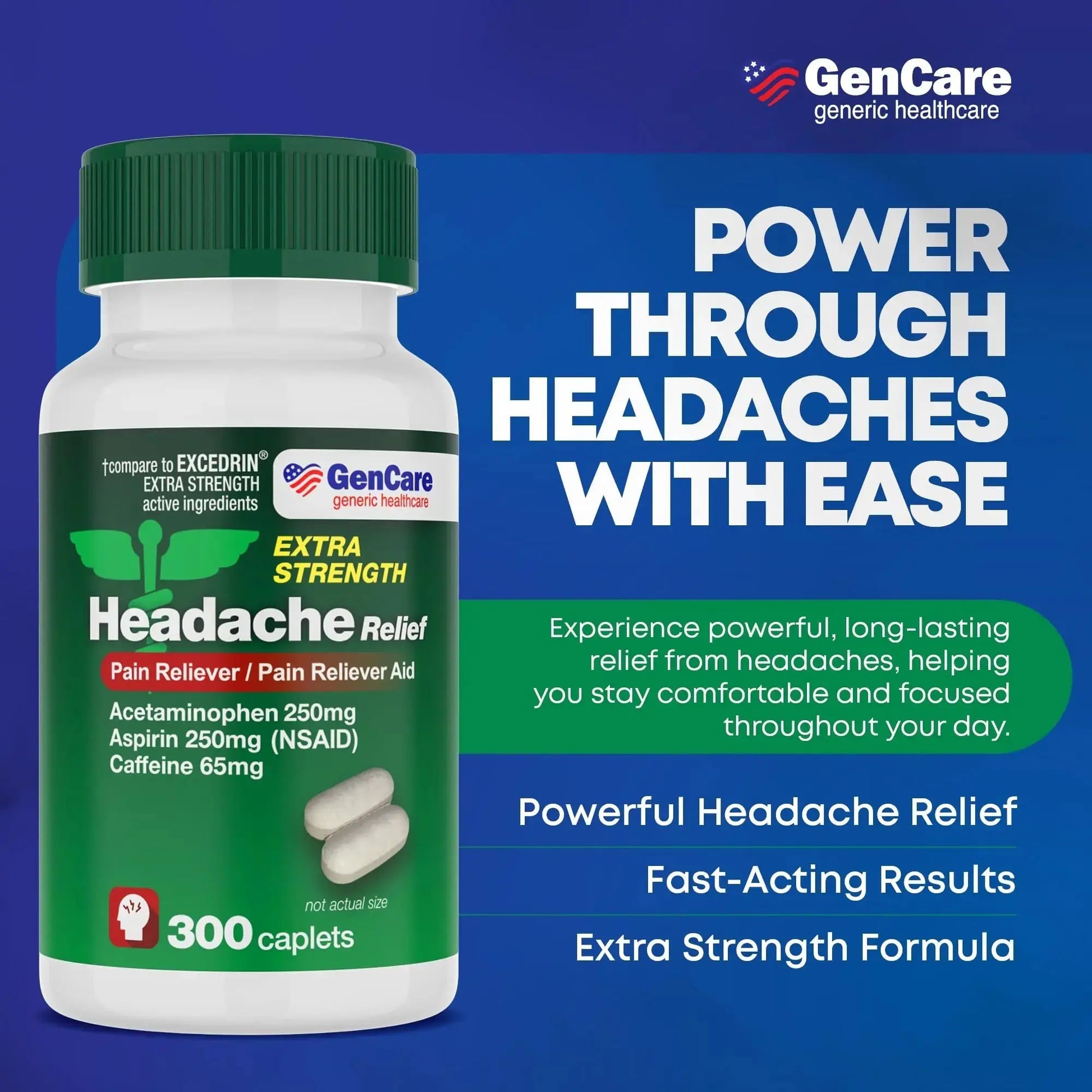 GenCare - Headache Relief Acetaminophen with Aspirin (NSAID) & Caffeine (300 Caplets) Value Pack | Head Pain, Muscle Aches, Back Pain & Body | Generic ExcedrEn Extra Strength GenCareAu supplements
