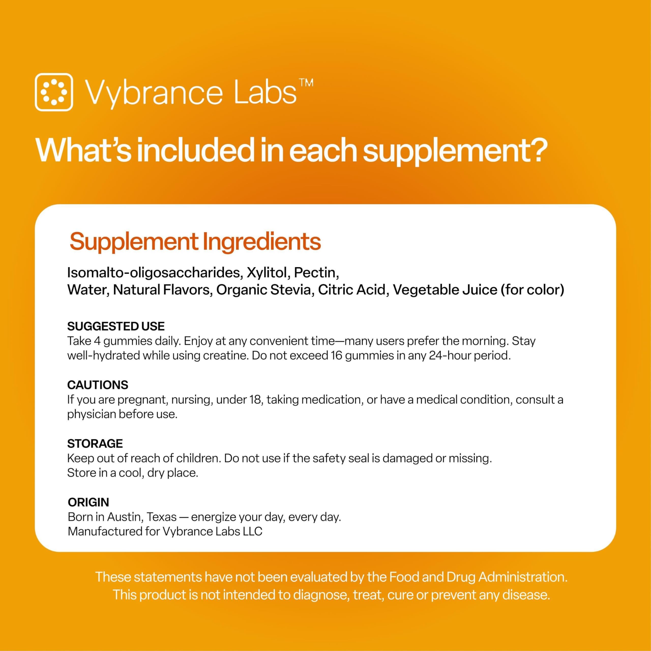 VYBRANCE LABS Creapure Creatine Gummies 5g + Taurine & B12 - Sugar-Free, Vegan, Gluten-Free - Citrus Mango - 120 Count (30 Servings) for Strength, Energy & Focus VYBRANCE LABSAu supplements