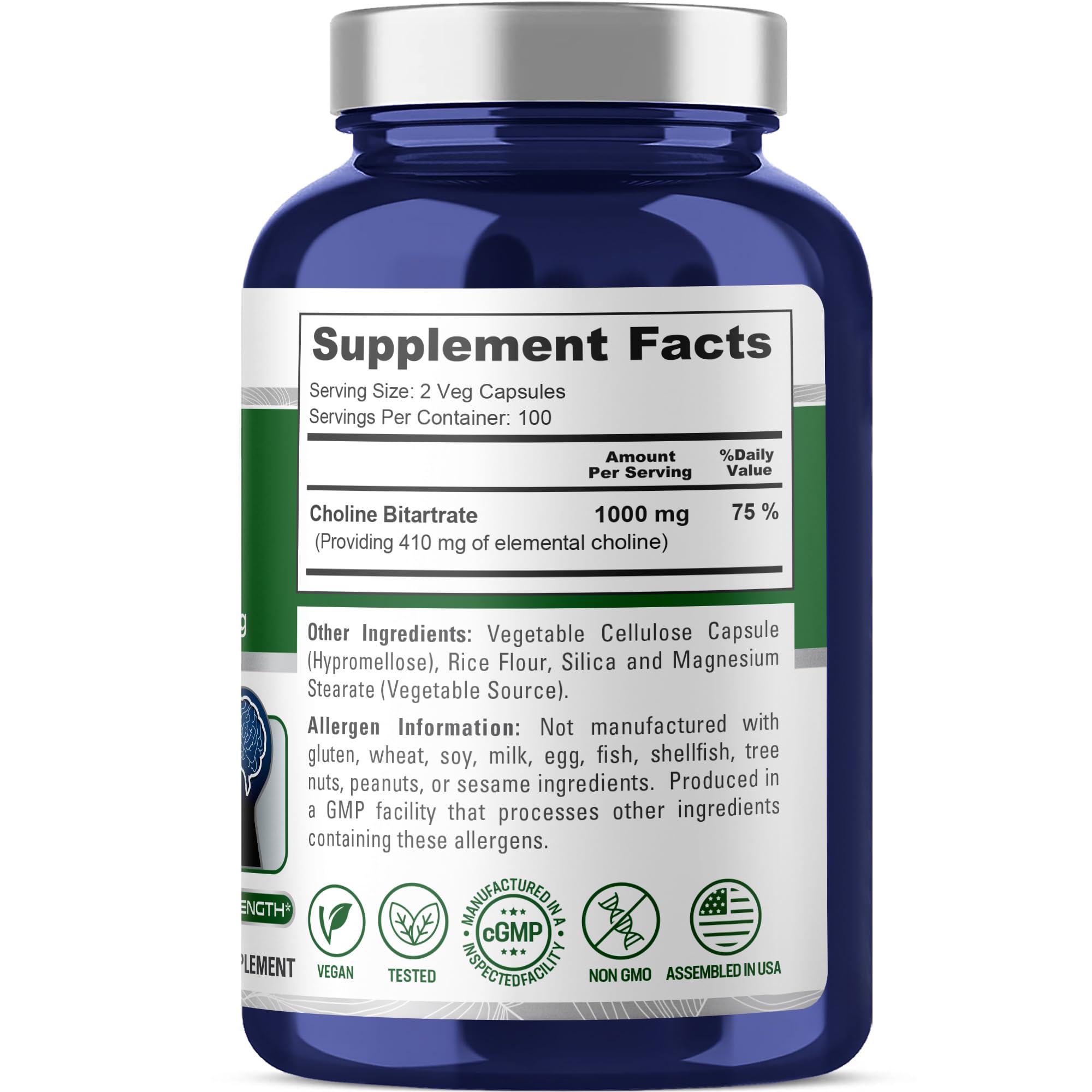 NusaPure Choline Bitartrate - Suitable for Vegetarian/Vegan, Non - GMO - 1000 mg 200 Capsules NusaPureAu supplements