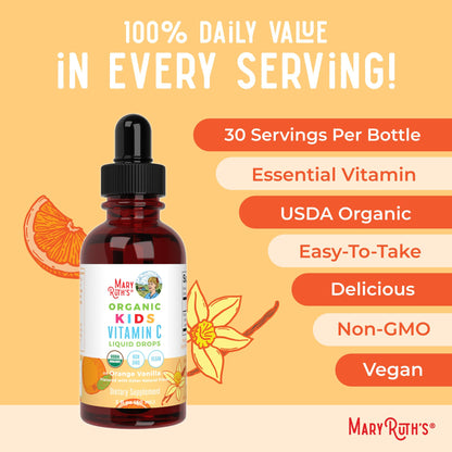 MaryRuth Organics USDA Kids Vitamin C Drops | Vegan Immune Support Supplement for Ages 4-13 | Immune Support & Overall Health | Vitamin C from Organic Acerola Fruit Extract | 2oz MARYRUTH'SUS supplements