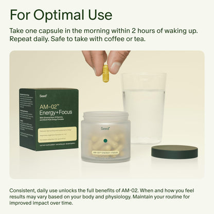 Seed AM-02 Energy + Focus - Daily Nootropic Supplement for Women & Men - Fast-Acting & Sustained Energy for Up to 6 Hours - Caffeine-Free Vegan & Shelf-Stable - 30 Capsules (30-Day Supply) Visit the Seed StoreUS supplements