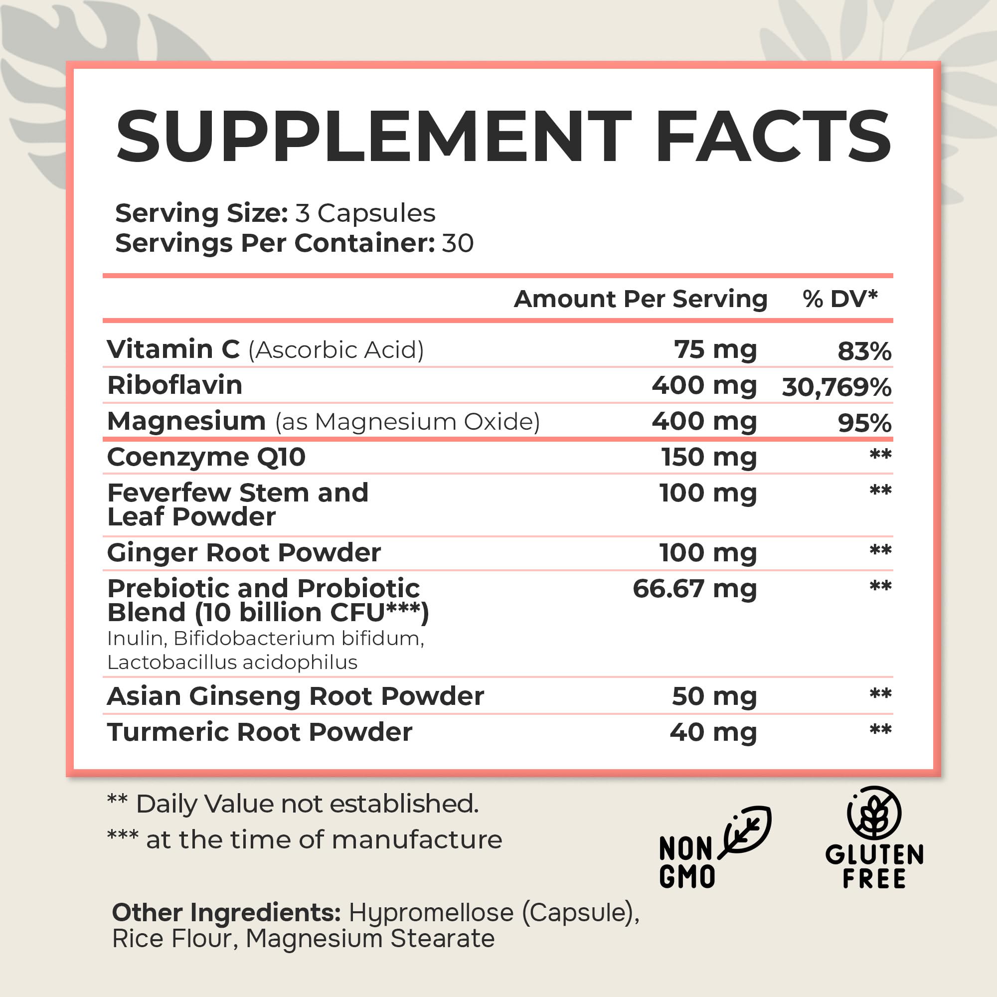Dr. Munnerlyn MigraPro with Probiotics, Brain and Gut Health Support Supplement with Magnesium, Riboflavin, CoQ10, Ginger Root, Asian Ginseng, Vitamin C, Feverfew & Turmeric, Gluten Free, 90 Capsules Dr. MunnerlynAu supplements