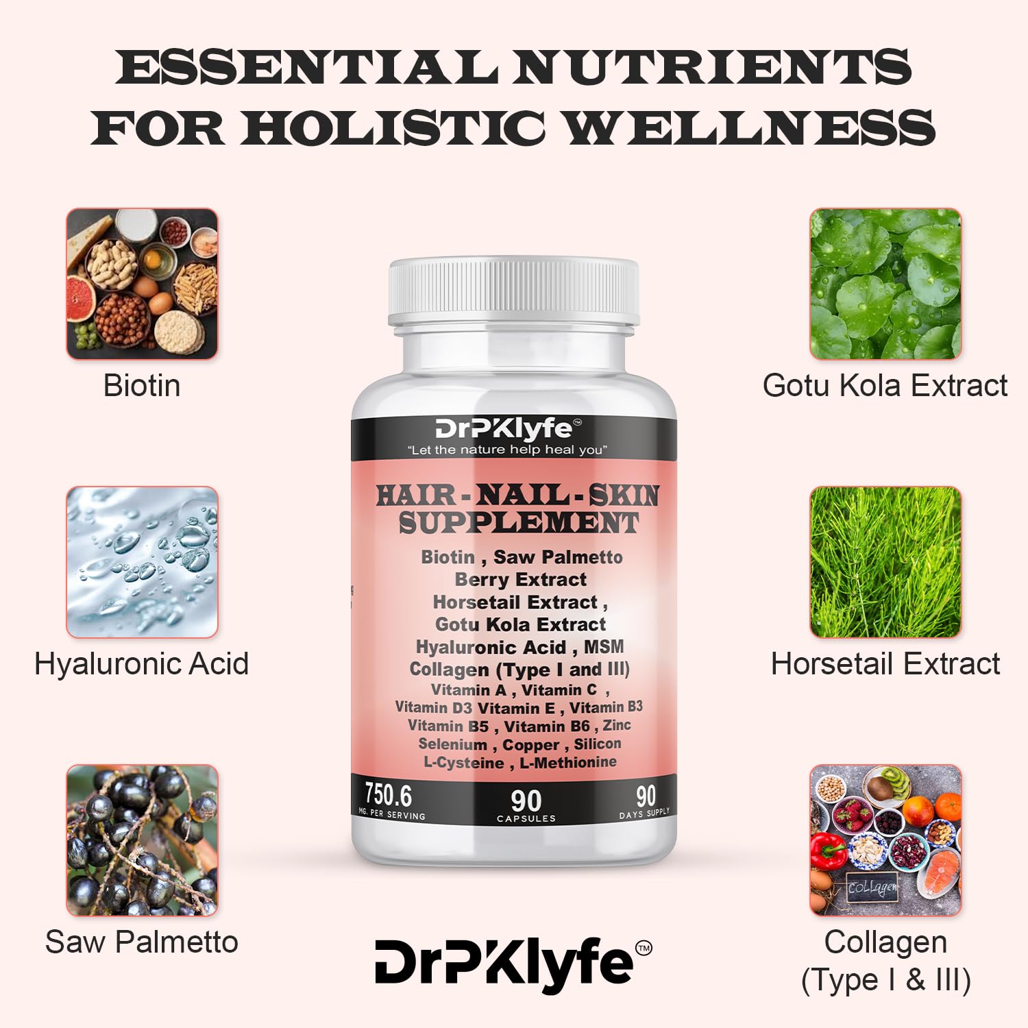 DrPKLyfe Hair, Nail and Skin Supplement Capsules:Biotin, Collagen, Collagen Peptides, Acid Hyaluronic, Biotin, Vitamin A, C, B5, B6 Saw Palmetto & More - 90 Capsules. DrPKLyfeAu supplements