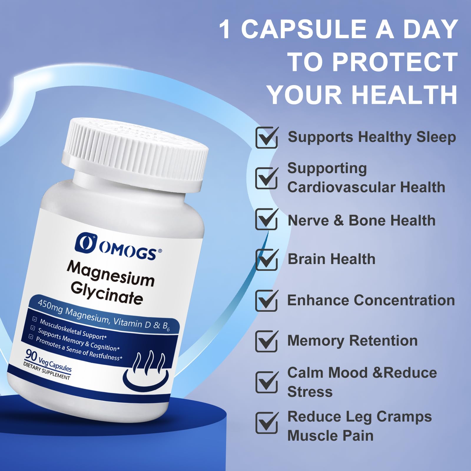 OMOGS High Absorption Magnesium Glycinate, for Supporting Sleep, Muscle Relaxation, Heart Health & Bone Health, Gluten Free, Non-GMO, 90 Vegetarian Capsules OMOGSAu supplements
