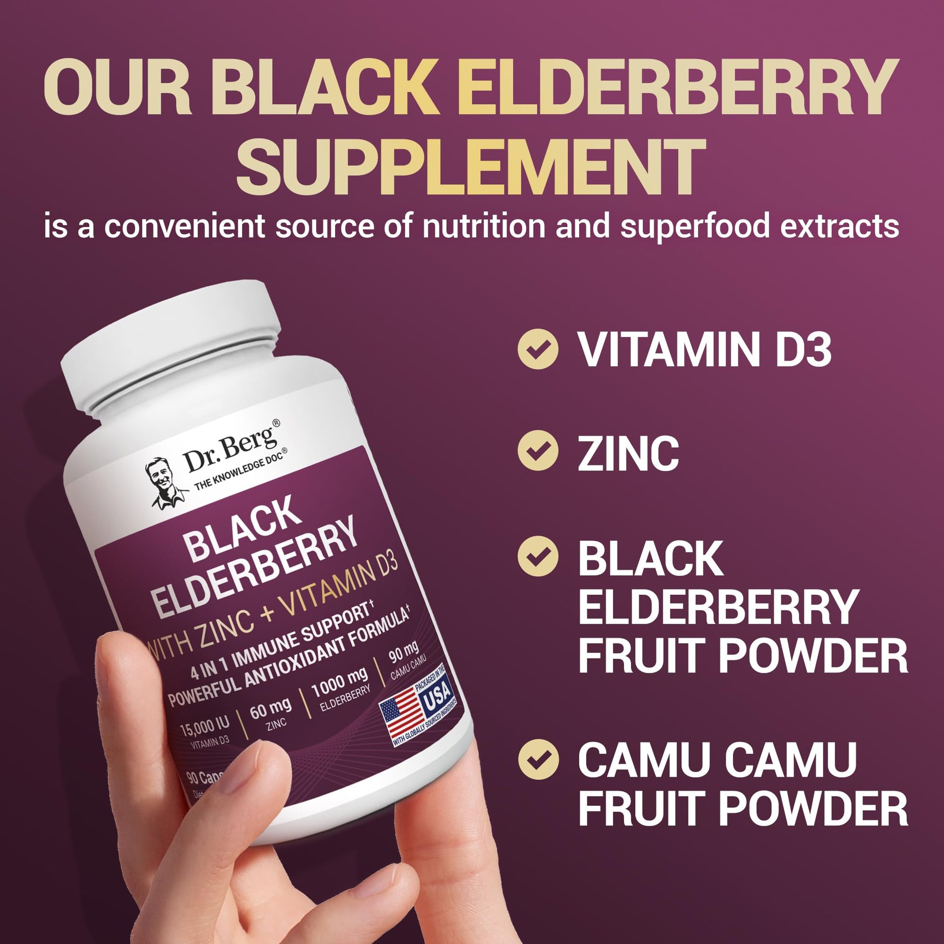 Dr. Berg Black Elderberry Capsules (Advanced Immune Support*) with 15,000 IU Vitamin D, 60 mg of Zinc, & 90 mg of Camu Camu - (4-in-1) Sambucus Elderberry Immune Support Supplement - 90 Capsules Dr. Berg NutritionalsAu supplements