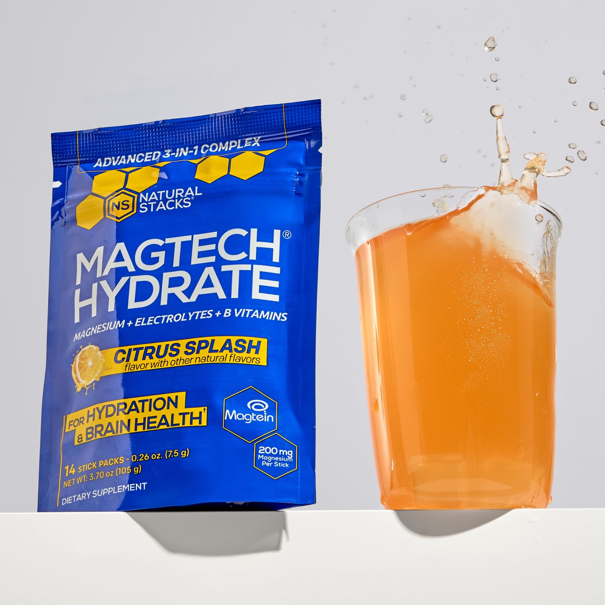 MagTech Magnesium Hydrate Packets - Sugar Free Hydration Powder - Magtein Magnesium L-Threonate, Glycinate & Taurate - 200mg Chelated Triple Complex - Supports Hydration & Brain Health* - 14 Servings NATURAL STACKSAu supplements