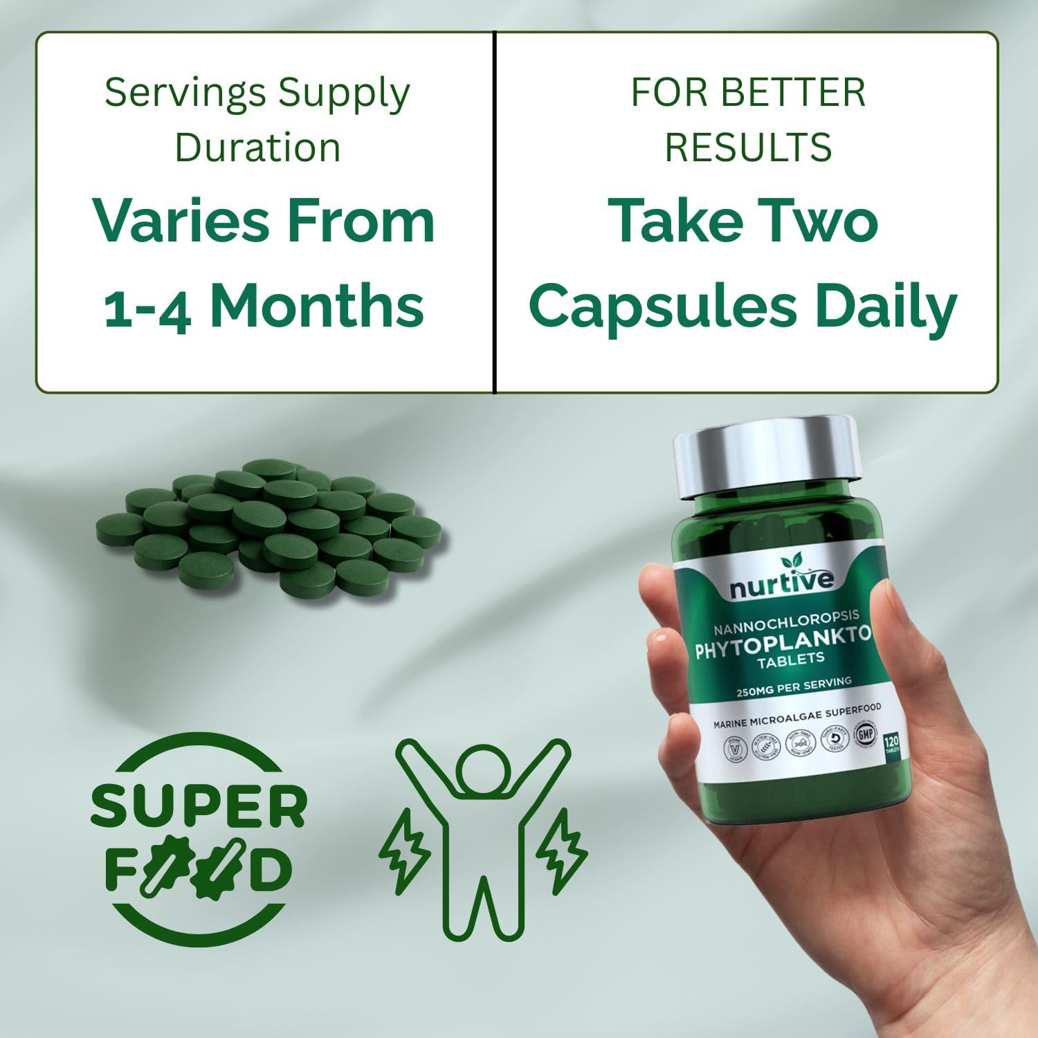 NURTIVE Nannochloropsis Phytoplankton Tablets – 250mg per Serving – Vegan, Gluten-Free, Non-GMO, No Fillers – Third-Party Tested, GMP Certified – 2 Tablets/Day for 2 Month, 120 Tablets/Bottle NURTIVEAu supplements