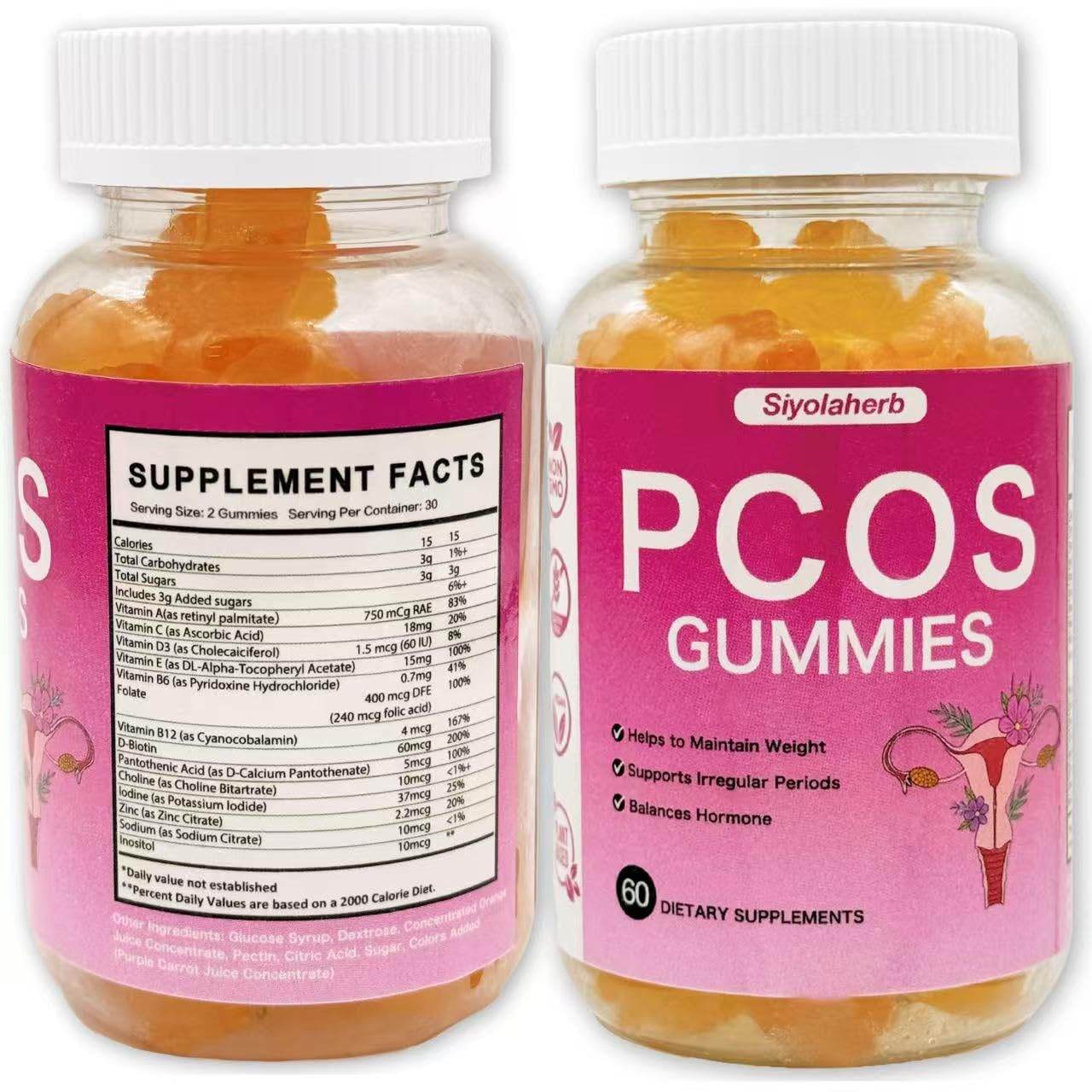 PCOS Vitamins Gummies for Women Hormone Balance & PCOS Relief & Fertility Support, 60 Ovarian Support Vitamins with Inositol for Healthy Menstrual Cycle, Inositol Gummies for Hirsutism and Acne SiyolaherbAu supplements