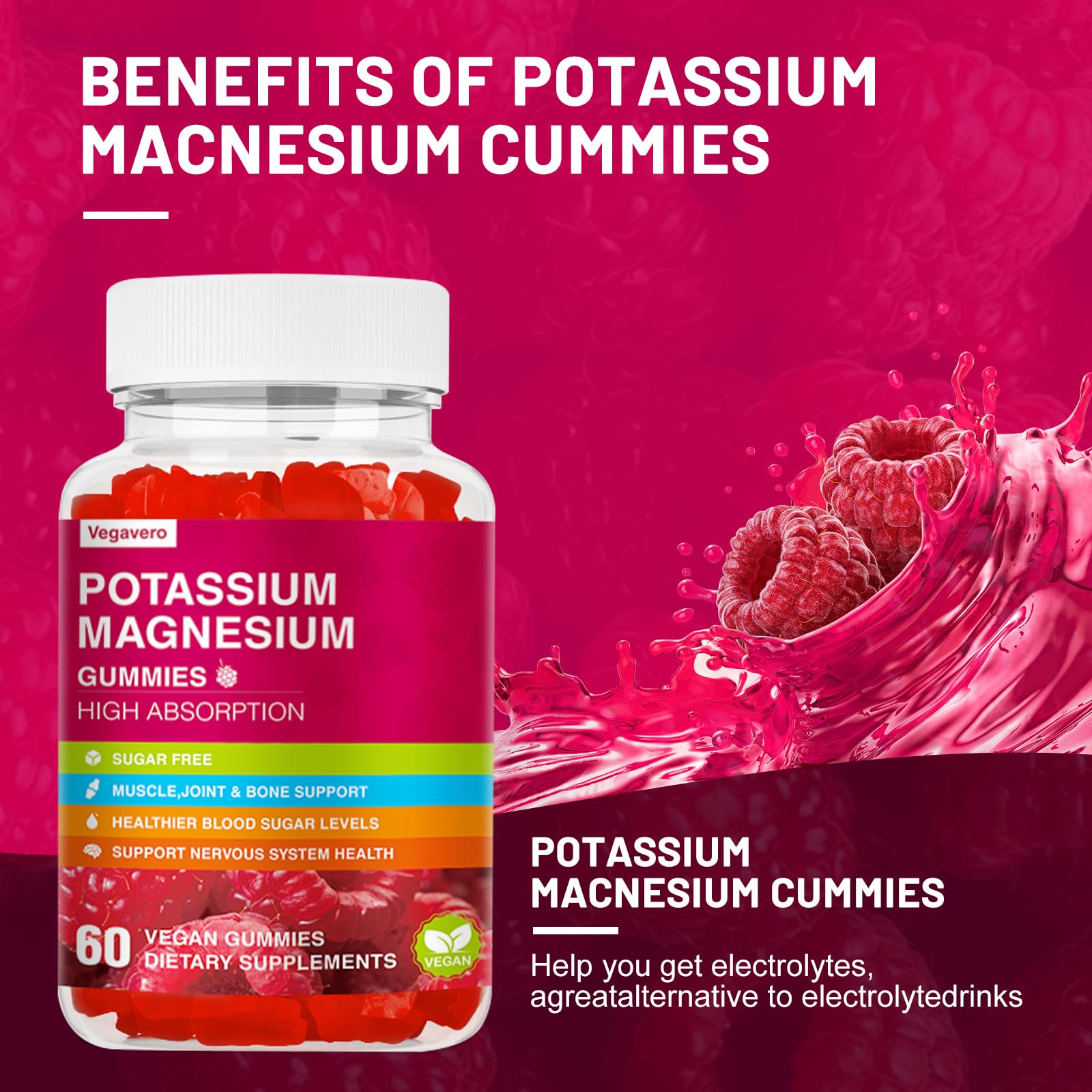 Potassium Magnesium Gummies - High Absorption Magnesium Glycinate & Potassium Citrate Plus Coenzyme Q10, DHA, D3, Mineral & Calcium for Zzz, Leg Cramps & Muscle - 60 Raspberry Gummies VegaveroAu supplements