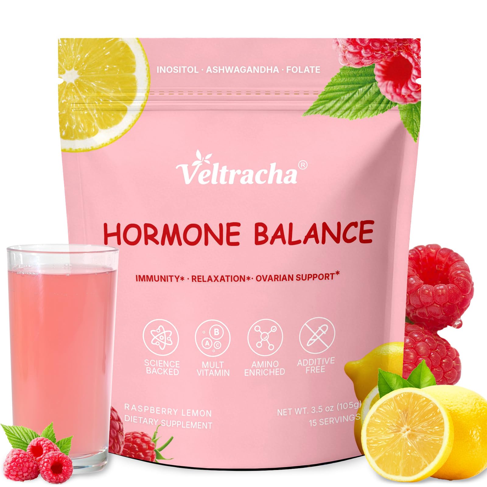 Veltracha Hormone Balance for Women, Myo & D-Chiro Inositol Powder with Folate & Amino Acid & Ashwagandha - Ovarian Support, Mood Regulation & PMS Relief, Raspberry Lemon, 15 Servings VeltrachaAu supplements