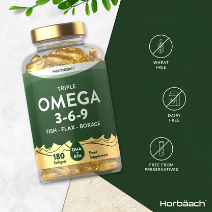 Triple Omega 3 6 9 Capsules | 180 Count | High Strength Supplement with DHA HorbäachUS supplements