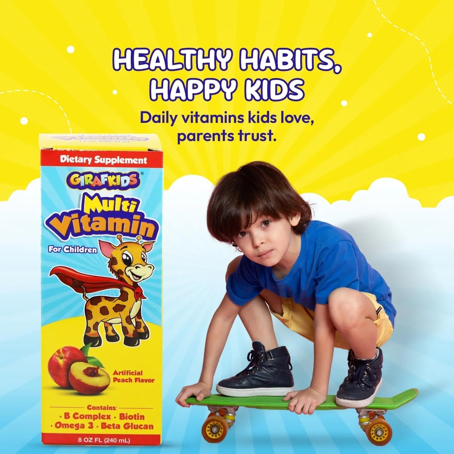 GirafKids Liquid Multivitamin for Kids Ages 4+, 8oz - Daily Child Vitamins with Biotin, Vitamin A, B Complex, Folic Acid, Omega-3 & Beta Glucan PHARMADELAu supplements
