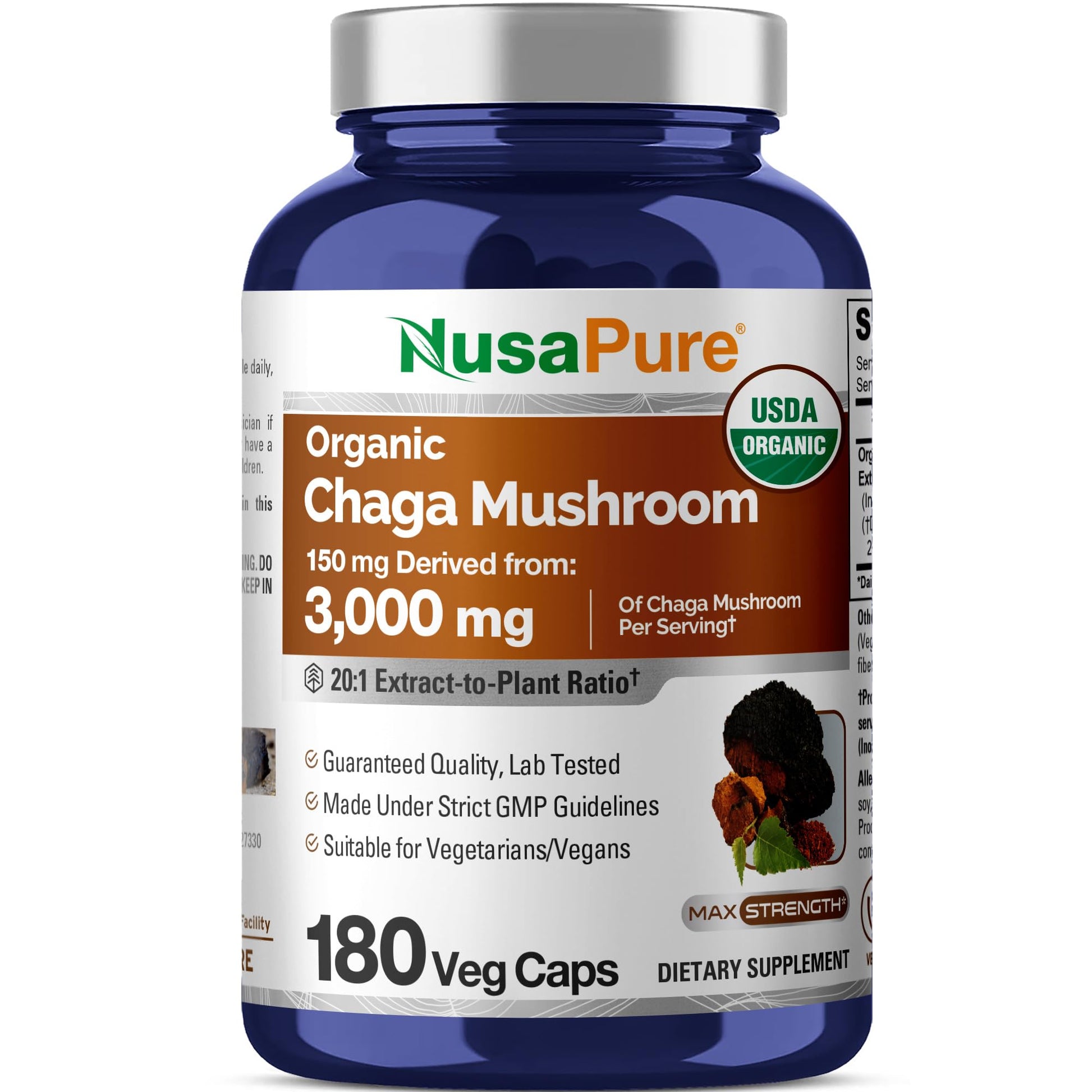 NusaPure Chaga Mushroom 20:1 Extract, 150 mg Equivalent to 3,000mg per Veggie Capsule, 180 Count, USDA Organic, Vegan, Non-GMO NusaPureAu supplements