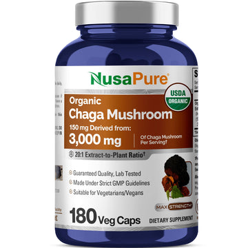 NusaPure Chaga Mushroom 20:1 Extract, 150 mg Equivalent to 3,000mg per Veggie Capsule, 180 Count, USDA Organic, Vegan, Non-GMO NusaPureAu supplements