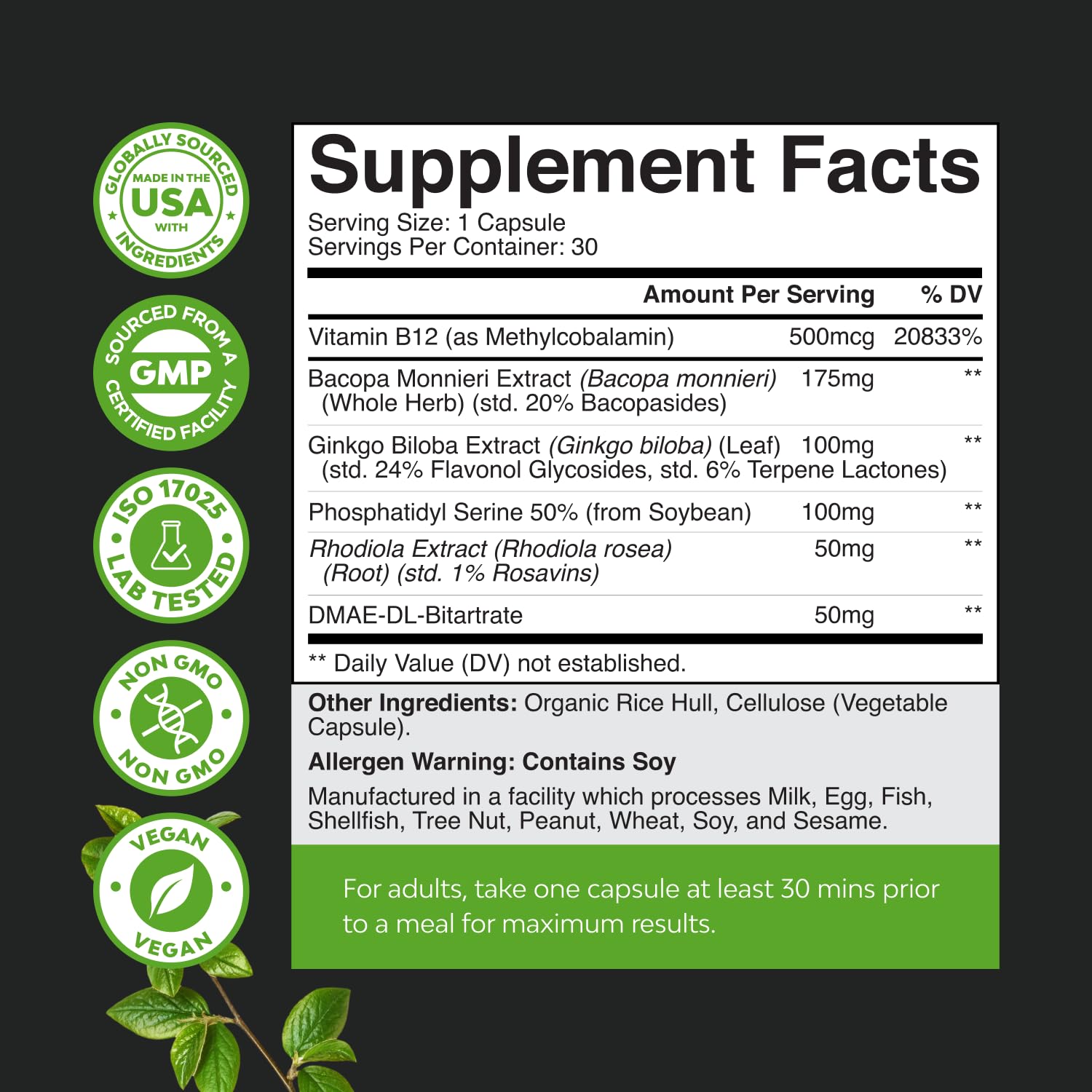 Nootropic Memory Supplement for Brain Support - Memory Pills for Brain Boost and Natural Energy Booster - Vitamin B 12 Bacopa Monnieri Rhodiola Rosea DMAE Ginkgo Biloba Phosphatidylserine Supplement Natures CraftAu supplements