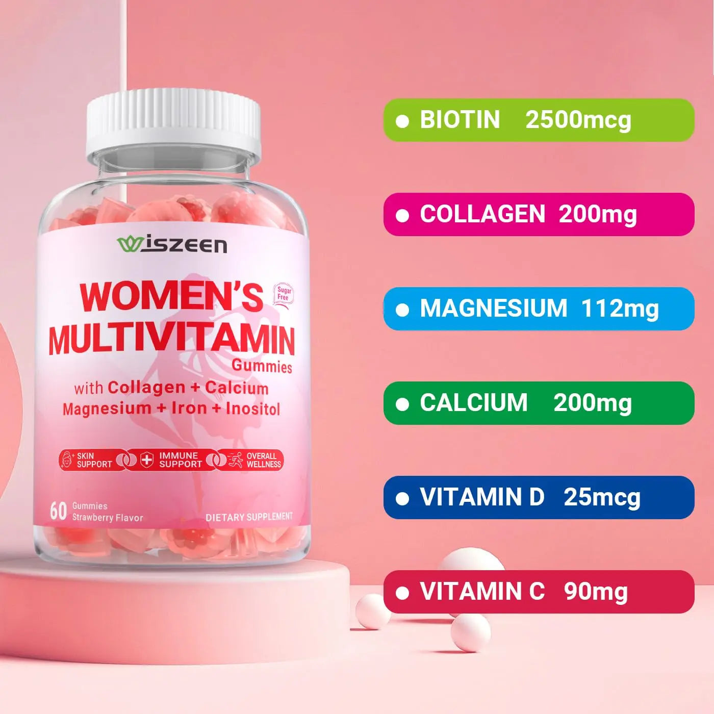 Wiszeen Sugar Free Methylated Multivitamin for Women Gummies, Biotin, Collagen, Calcium, Magnesium, Inositol, Folate, Iron, Vitamin A, C, D, E WiszeenAu supplements