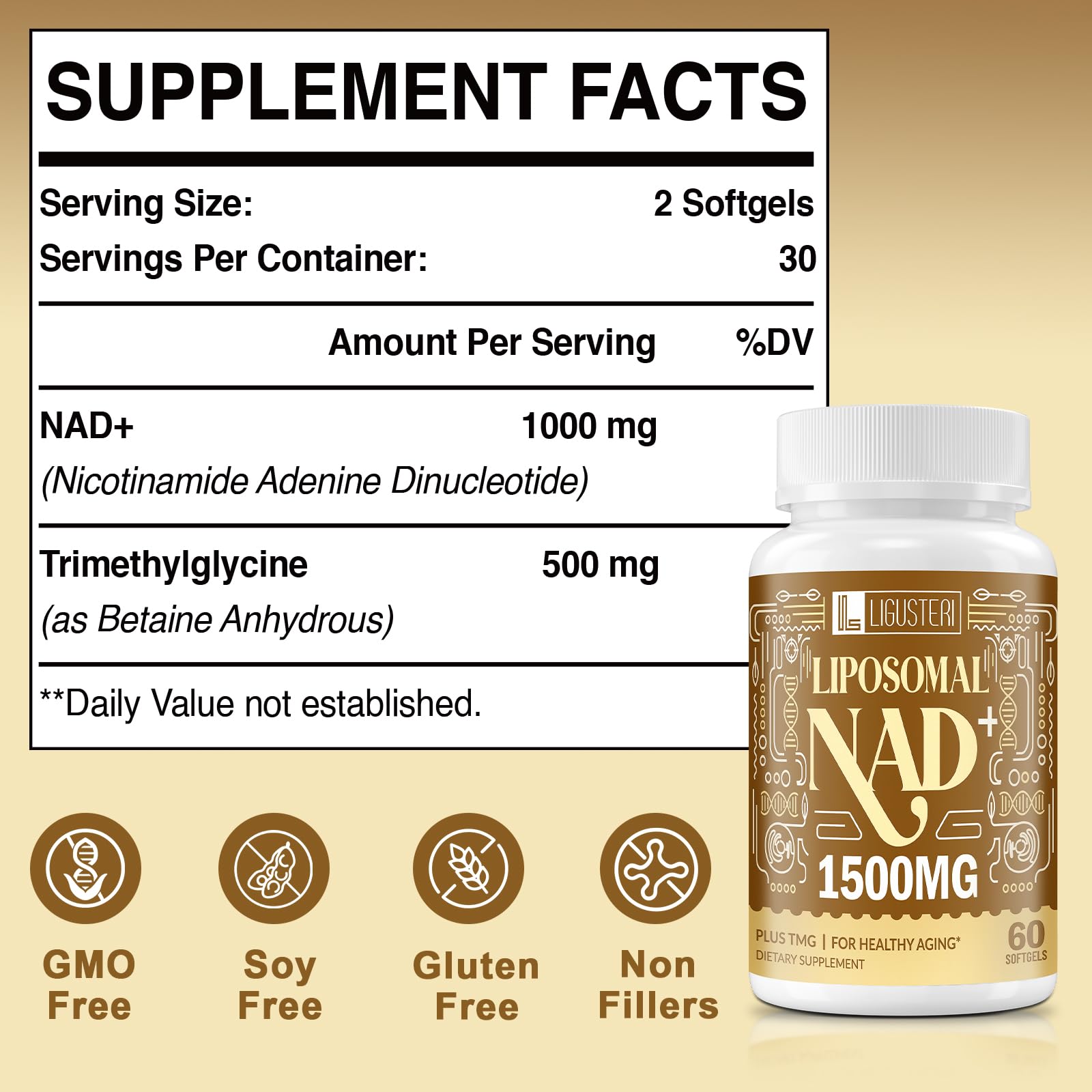 LIGUSTERI 1500 MG Liposomal NAD+, 98%+ Absorption, NAD+ Supplement for Women & Men with TMG, for Aging Defense, Cellular Energy, Heart & Brain Function, Longevity, 120 Softgels LIGUSTERIAu supplements