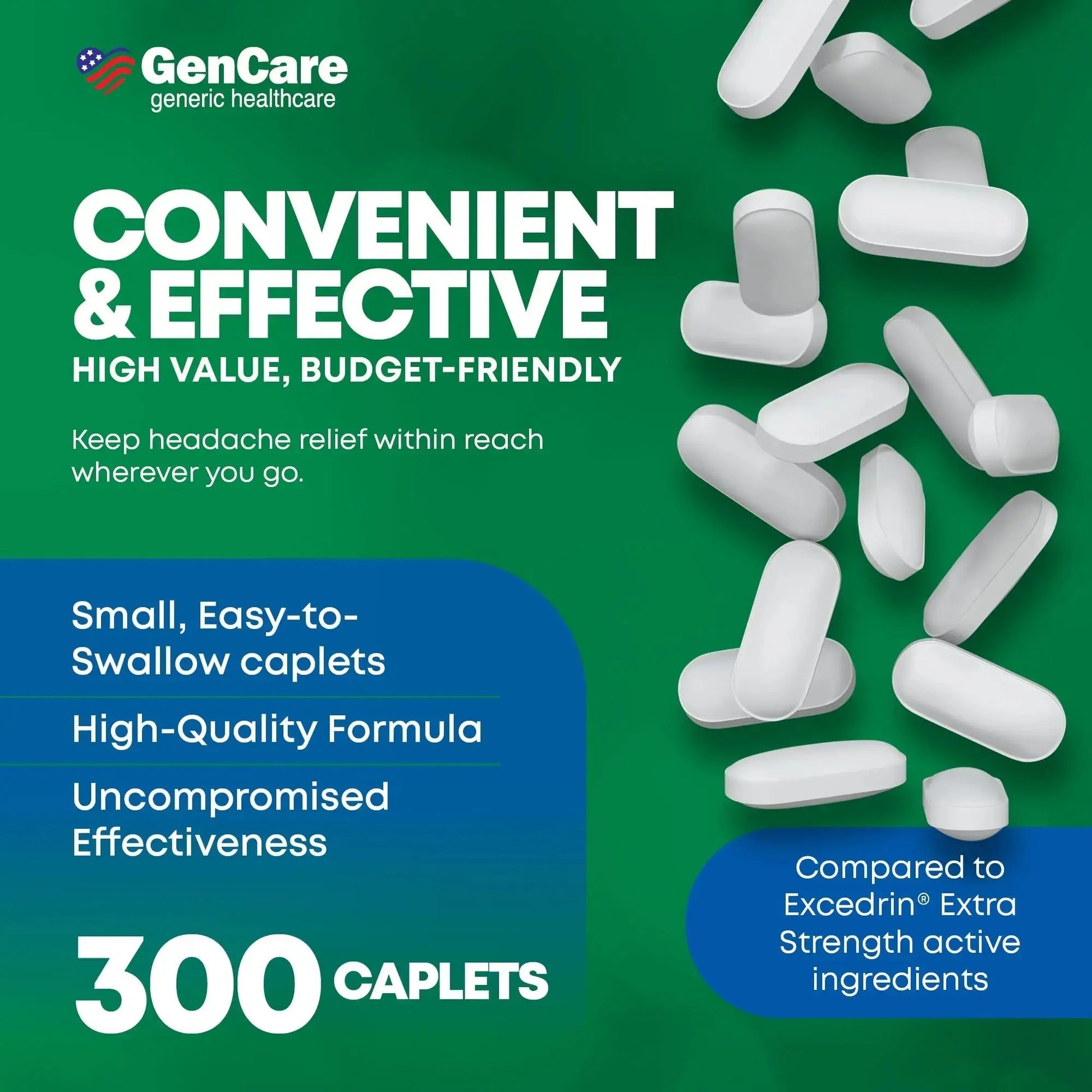 GenCare - Headache Relief Acetaminophen with Aspirin (NSAID) & Caffeine (300 Caplets) Value Pack | Head Pain, Muscle Aches, Back Pain & Body | Generic ExcedrEn Extra Strength GenCareAu supplements