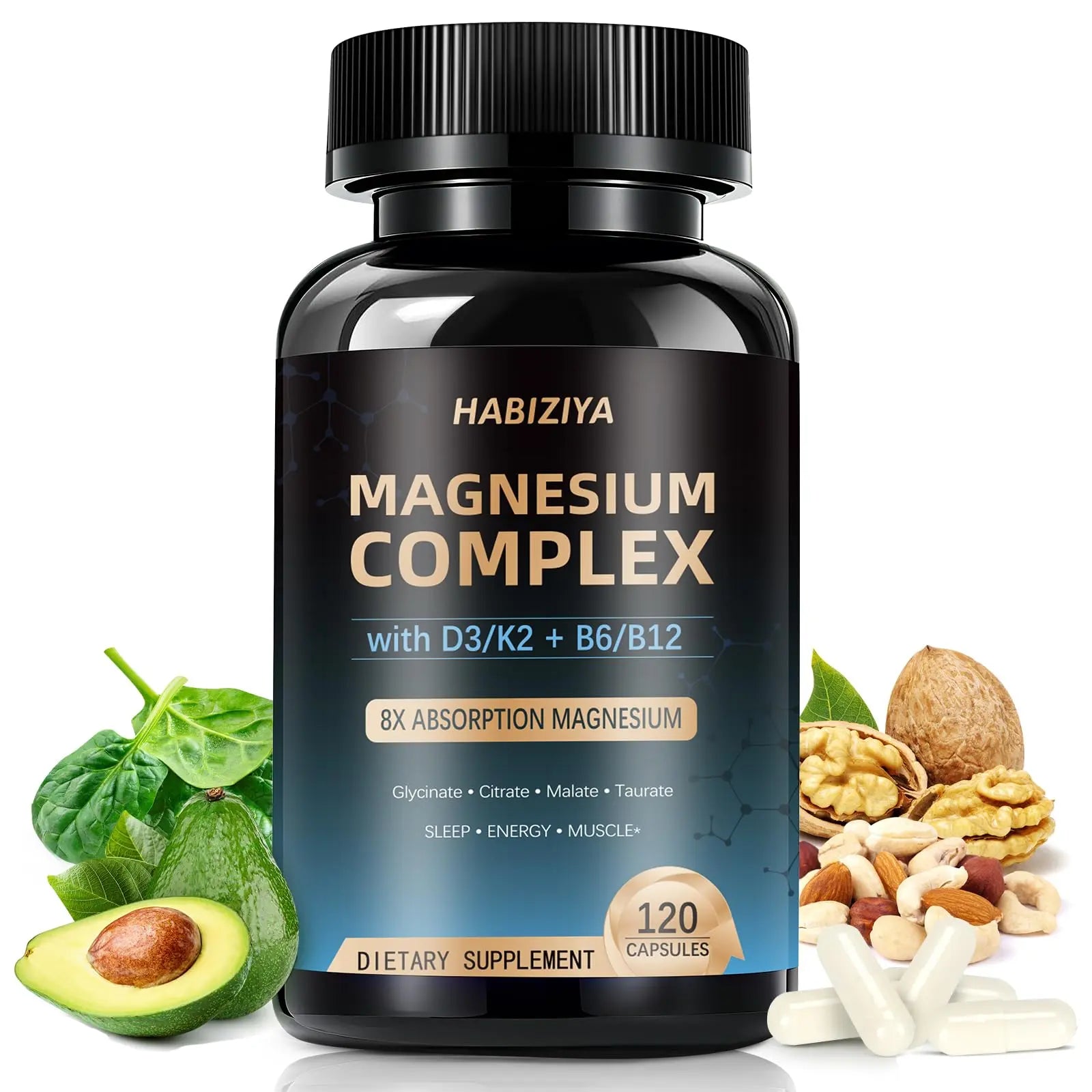 Magnesium Complex Supplement 600mg with with D3 K2 MK7 & B Vitamins High Absorption Capsules with Glycinate, Citrate & Malate,Taurate Relaxation,Muscle,Heart Support, Vegan 120 Capsules HABIZIYAAu supplements