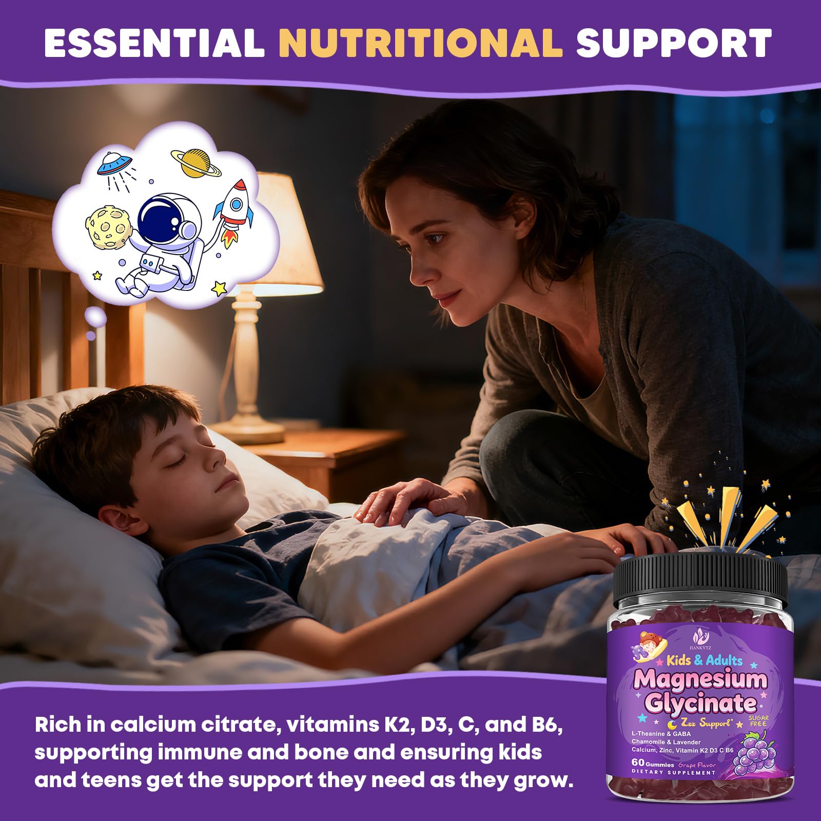 Sugar Free Magnesium Glycinate Gummies for Kids & Adults - Zzz Support, Relaxation & Cognition Support, 200/400mg Magnesium Gummies with L-Theanine, GABA, Calcium, B6, D3, C & K2, Grape Flavor, 60 Ct JIANKYTZAu supplements